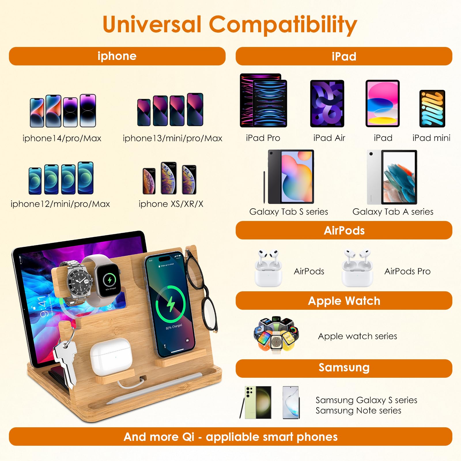 HQOBZX Bamboo Wireless Charging Station for iPhone and Airpods and
