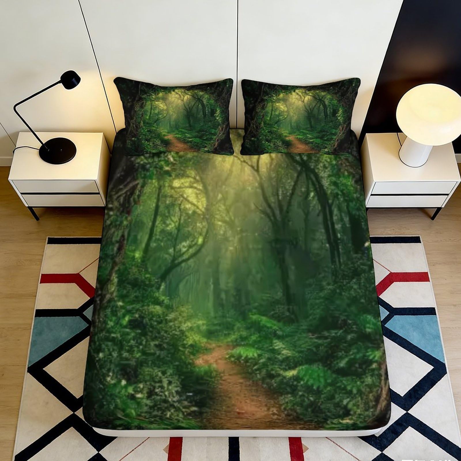 Pnayamiorkfel Style-3 3D Printed Forest Path Fitted Sheet Microfiber Soft Green Woodland Mattress Cover For Bedroom Guest Room Decor 90X200x25cm