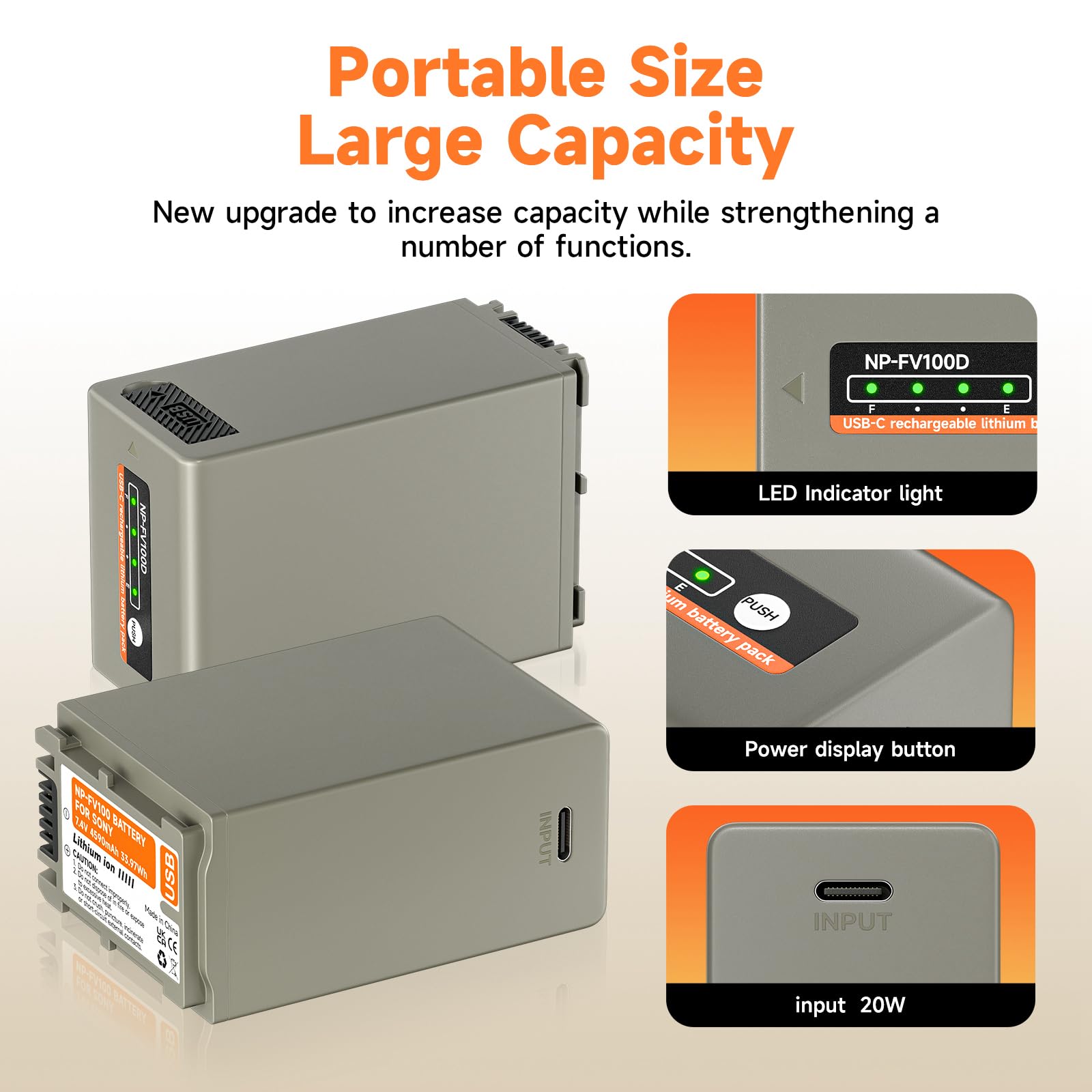 NP-FV100 USB-C batteria 4590mAh 2 pezzi per Sony NP-FH100 FH90 FH70 FH60 HDR-CX455 CX675 CX290 CX330 CX380 CX430V CX580V CX760V CX900 PJ540 PJ580V PJ670 PJ710V PJ 7 60V PV790V PJ810