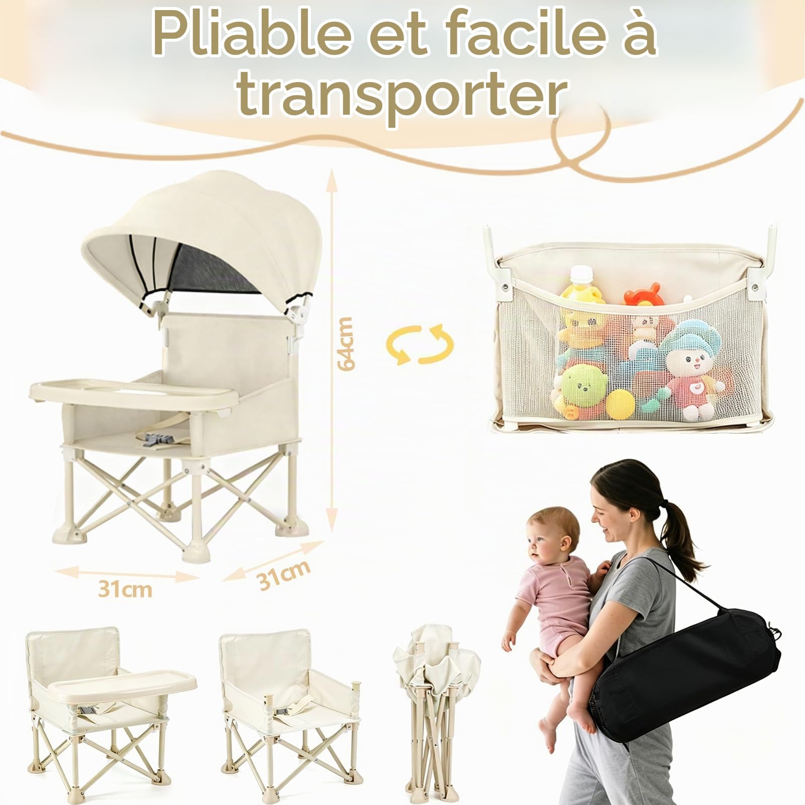 4 en 1 Chaise Bébé Plage,Chaise Pliante Bébé Portable,Chaise Camping pour Bébé avec Plateau Amovible,Auvent,Sangles,Réhausseurs Chaise Haute Bébé Pliable