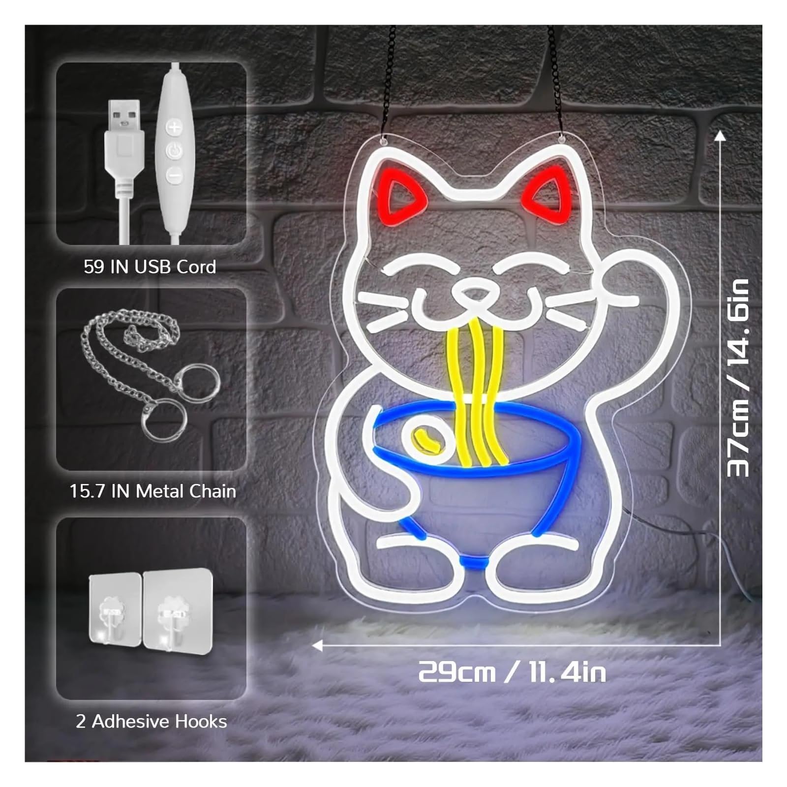Decoración Lámparas Letrero De Neón De Ramen De Gato Con Alimentación USB, Fideos Japoneses Para Negocios, Restaurantes, Cantinas, Cocinas, Amantes De La Comida, Decoración 37x29cm