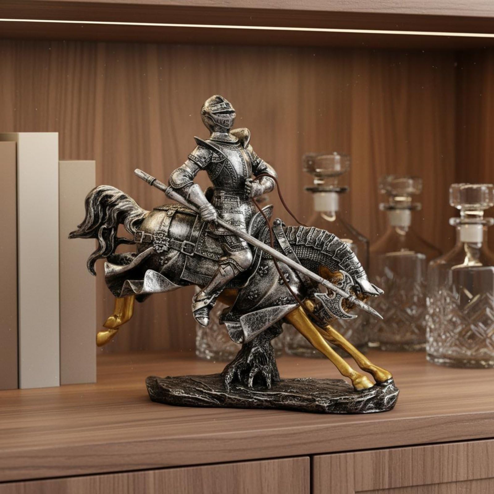 Ritterfigur mit Gepanzerter Reiterstatue Mittelalter Dekofigur aus Robustem Kunstharz mit Klassischem Vintage-Charme für Haus Wohnzimmer Schreibtisch Dekoration, 28-13-48cm Neu