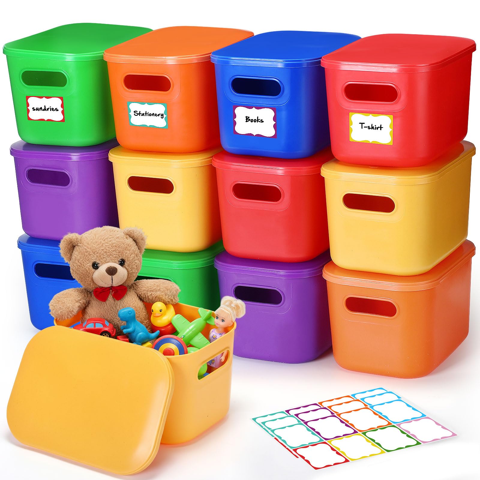Photo 1 of **ALL HAVE OFF WHITE BODIES WITH BLUE LIDS**Thyle 12 Pack 7 Quarts Plastic Storage Bins Stackable Baskets with Lid and Handle with Label Colorful Desktop Box Toy Containers for Classroom Shelf Bedroom 10 x 7 x 6 Inch (Blue,White)