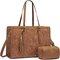Vista 9 de LOVEVOOK Bolsa de mano para laptop para mujer, bolsa de trabajo vintage de 15.6 pulgadas con embrague, bolso grande de cuero para laptop con soporte