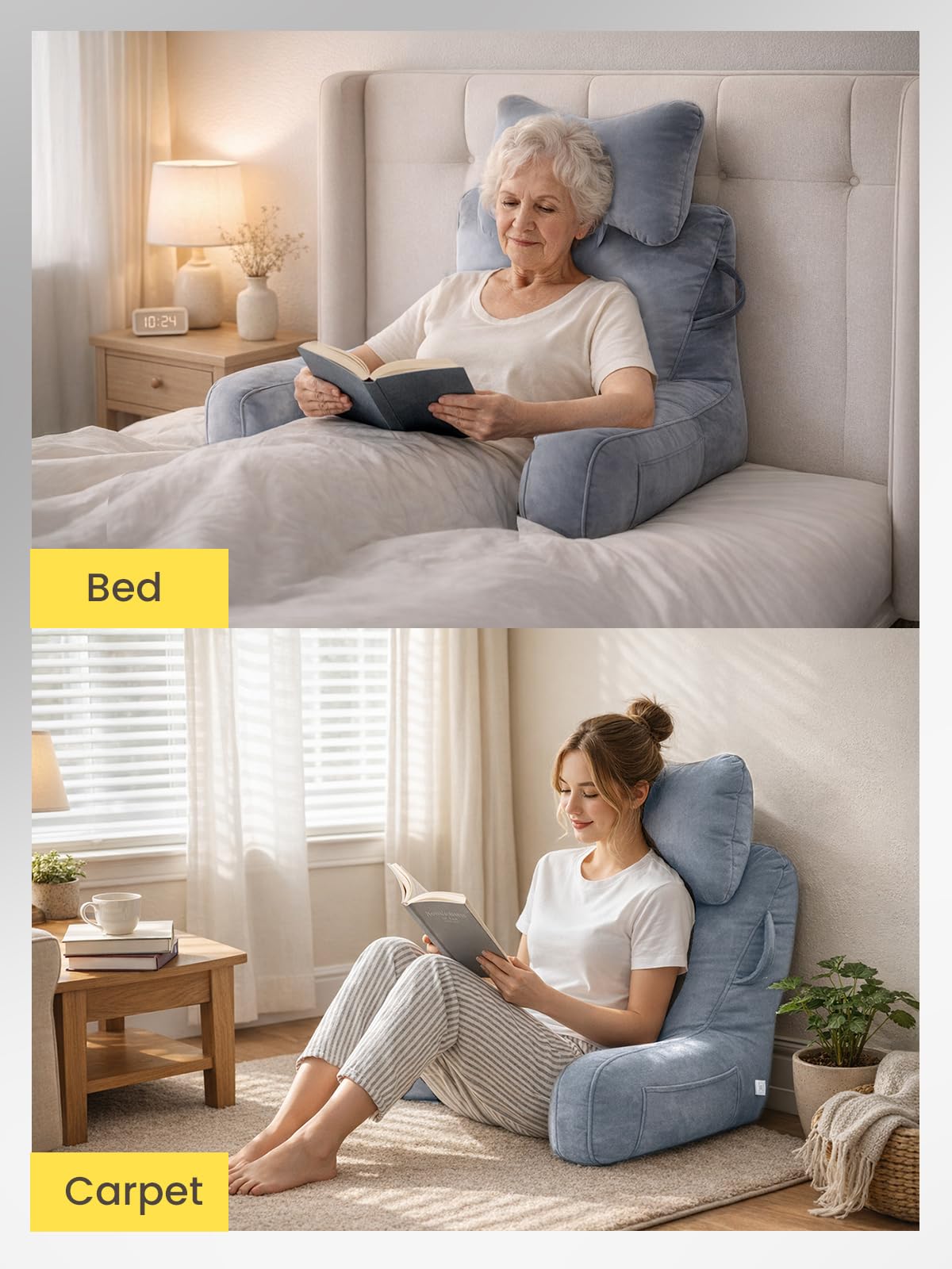 Lesekissen für Bett Erwachsene, Rückenkissen mit abnehmbarer Nackenrolle & hohen Armlehnen, (60-105) x 88 x 40 cm Bettkissen Rückenlehne zum Sitzen im Bett, Sofa, Lesen, Fernsehen,Grau (Grau, XL)