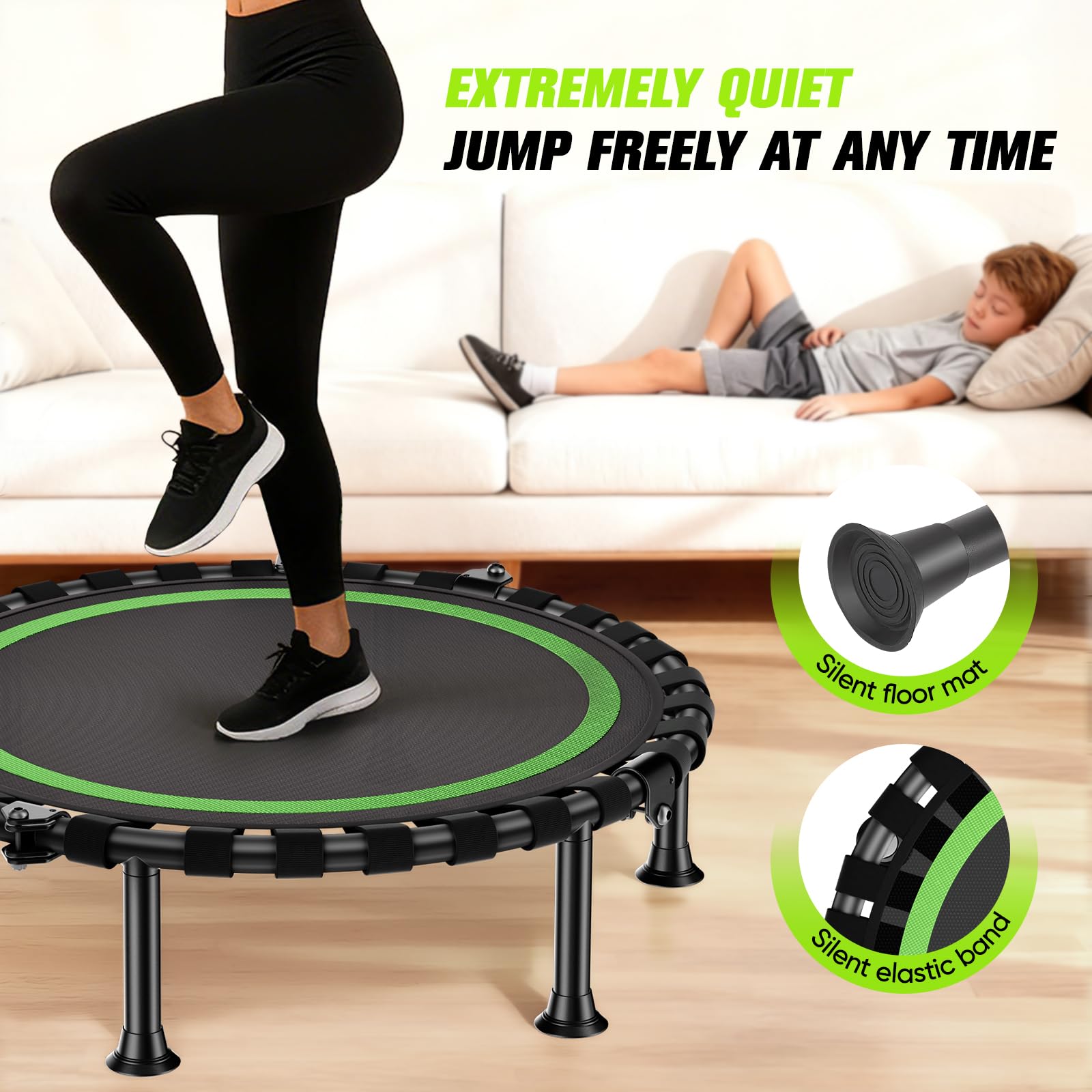 Trampolino pieghevole Ø 101 cm, per jumping fitness, portata 150 kg, altezza del corrimano regolabile, allenamento di resistenza, diversi gruppi di persone