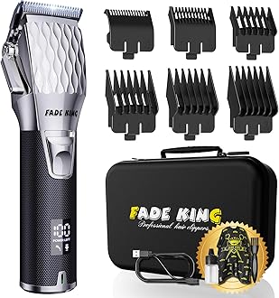 FADEKING® Professional Hair Clippers for Men - Cordless Hair Clippers, LCD Display Barber Clippers for Hair Cutting & Mens Grooming with Travel Case(Silver+Black)