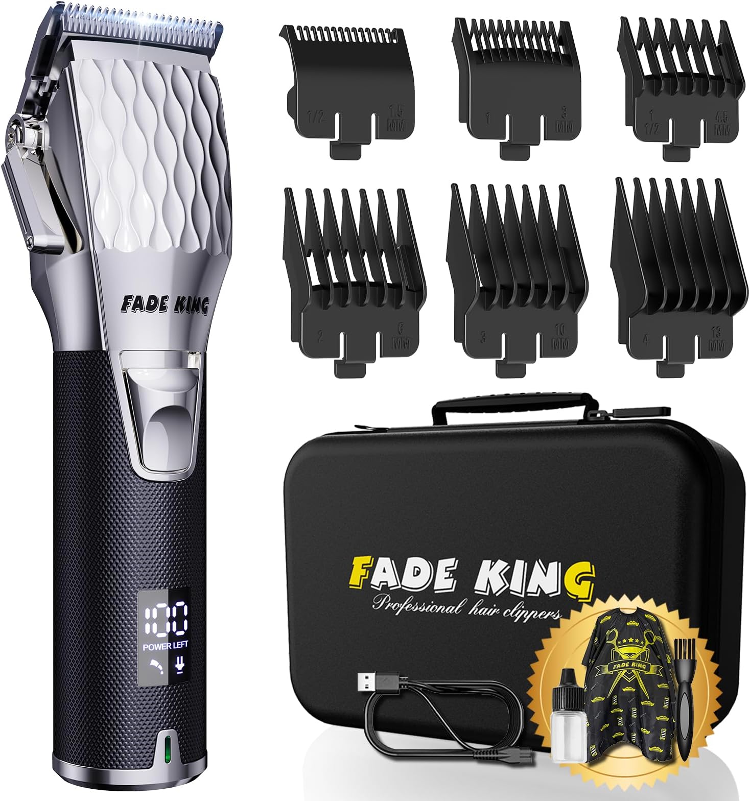Professional Hair Clippers for Men - Cordless Hair Clippers, LCD Display Barber Clippers for Hair Cutting & Mens Grooming with Travel Case(Silver+Black)