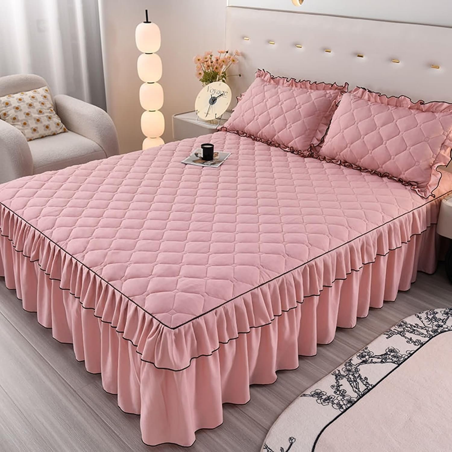 Beydodo Bed Sheet 180x200cm, Polyester Ruffles Bed Skirt Solid Green with Lace, Fitted Bed Sheets for Dorm