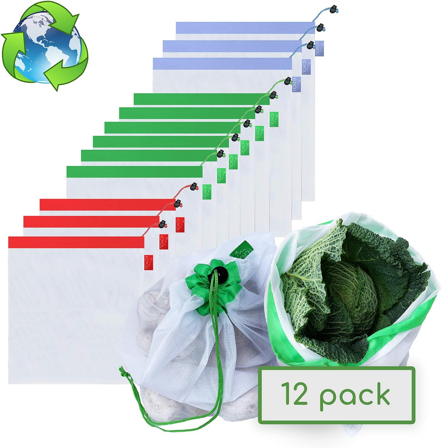 KOYOU Reusable Mesh Produce Bags - Set of 12 - Washable Eco-Friendly Zero-Waste - Ideal For Fruit/Vegetables, Shopping, Travel, Cosmetics