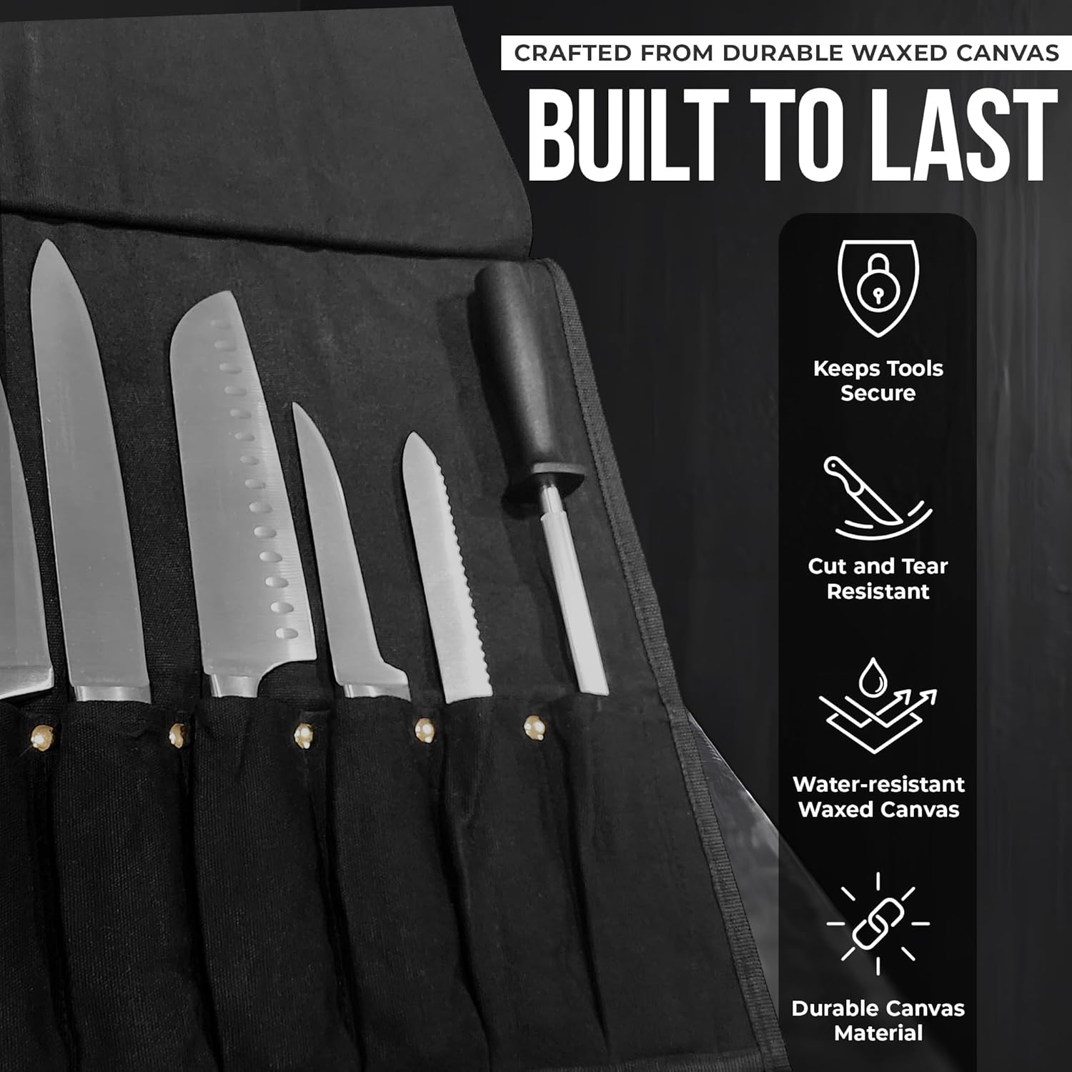 Chef Knife Roll Bag - Durable 6 Slot Black Waxed Canvas Knife Roll- Water Resistant Standard Knife Bag w/ Roll Tie, Large Zippered Pouch & 6 Plastic Knife Guards-Fits knives up to 2” wide & 15” long