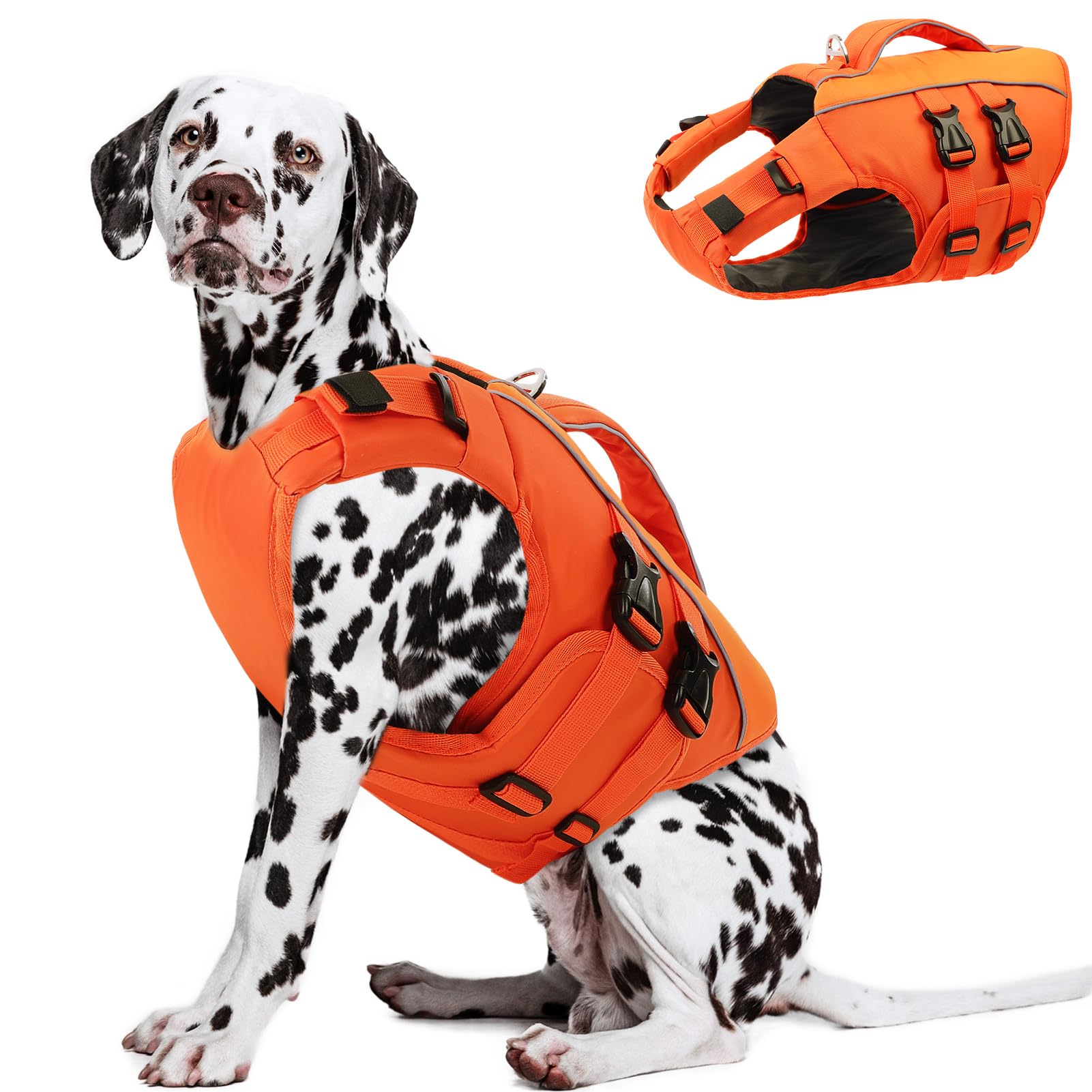 Qeenmore Giubbotto Salvagente Cane Taglia Grande - XL Arancione, Ripstop, Regolabile, Con D-Ring, Galleggiabilità Extra, Per Cani Grandi