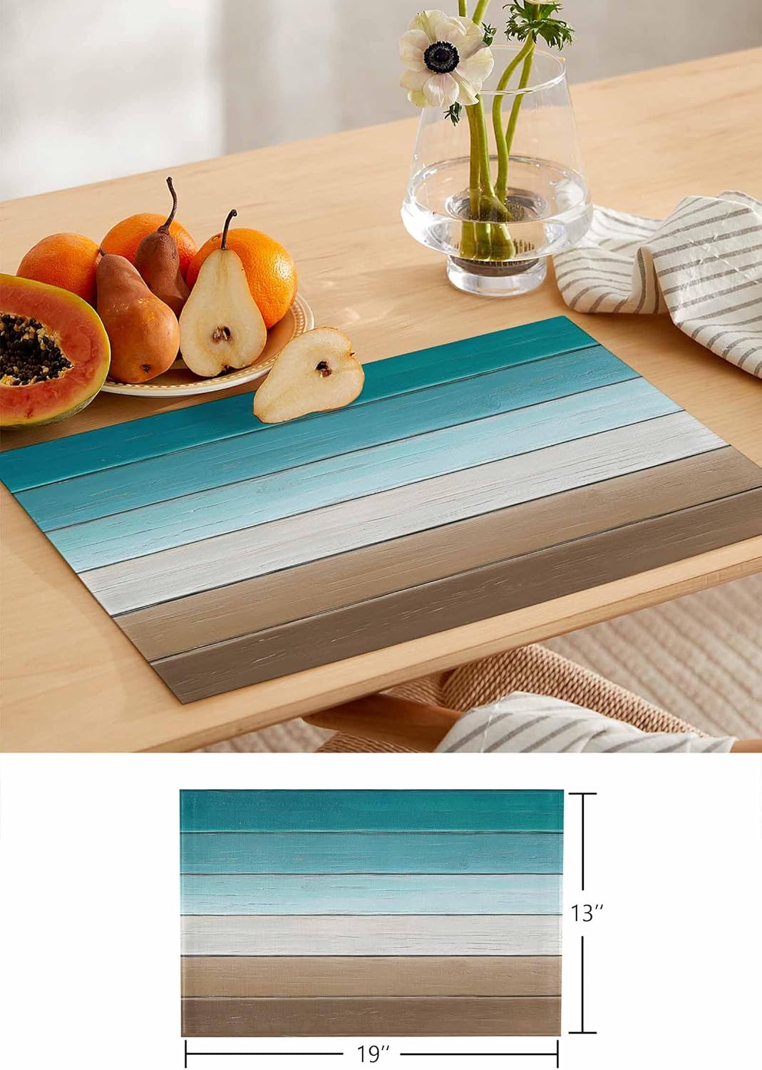 Teal Brown Table Runner and Placemats for Dining Tables,Burlap Coffee Table Runner 70 Inch Long Rustic Vintage Abstract Ombre Wooden Plank Washable Place Mats for Kitchen Party Placemats Set of 2