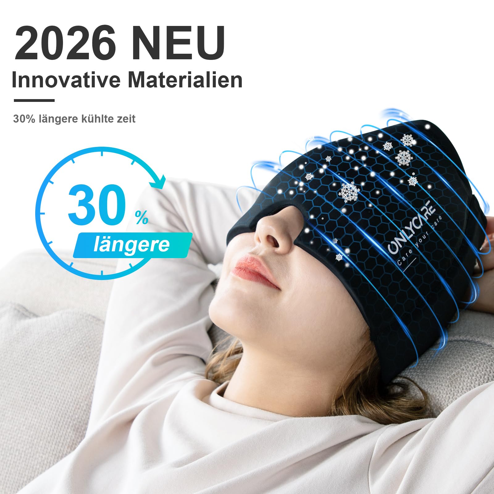 ONLYCARE Migräne Maske, Upgraded Migräne Kühlmaske Schlafmaske Kühlmütze Kühlhaube 360° Gel Surround kühlpads zur Linderung von Migräne, Kopfschmerzen, Druck
