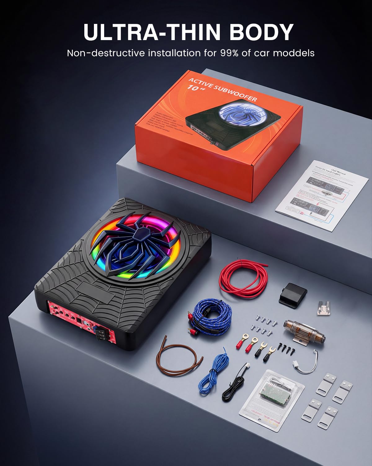 Subwoofer activo para automóvil, montable bajo los asientos, potencia máxima de 1200W, 10", módulo amplificador integrado, subwoofer compacto, iluminación ambiental RGB controlada por aplicación