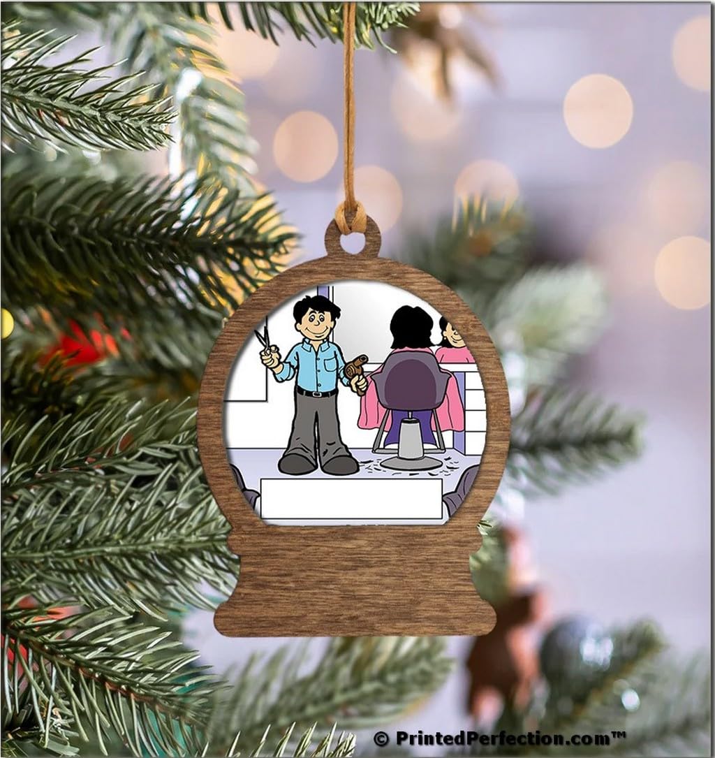 PrintedPerfection.com Personalized Hairdresser - Male Wooden Snow Globe Shaped Christmas Ornament