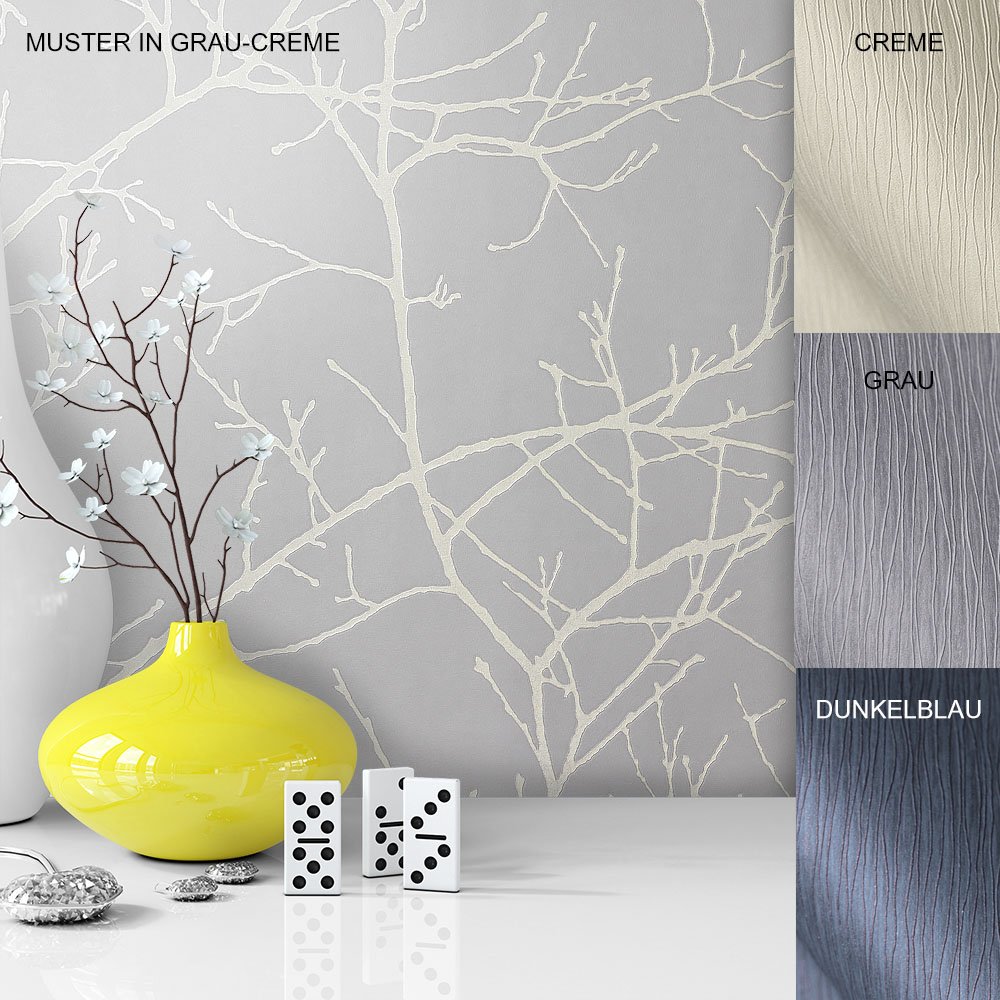 Newroom Vliestapete Vinyl Tapete mit Baummuster Grau Weiß Creme in edelster Ausführung, außergewöhnliches Tapeten Muster in moderner Landhaus Natur Optik für Design Liebhaber, inkl. Tapezier Ratgeber