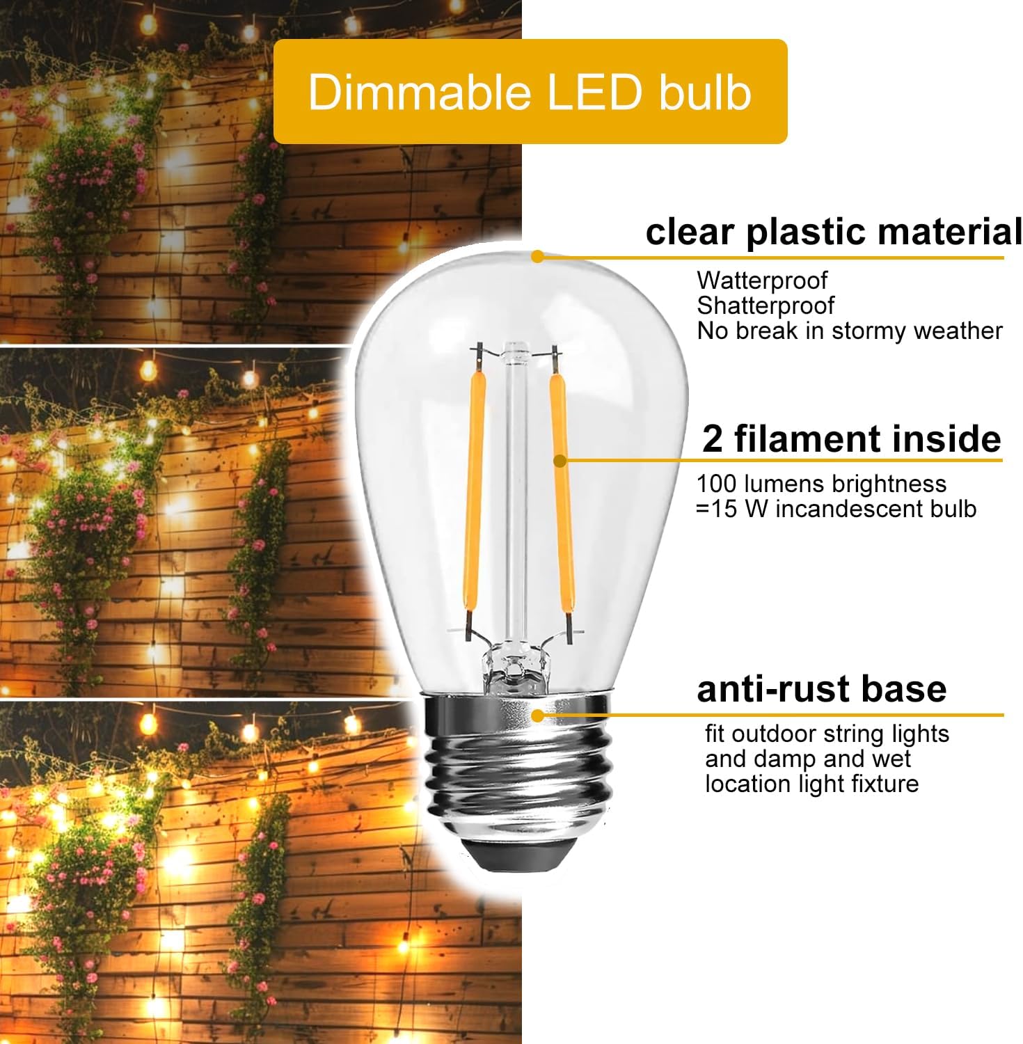 S14 Replacement LED Bulbs,E26 Base,for Outdoor String Light,15 Pack 2700K Soft White Plastic