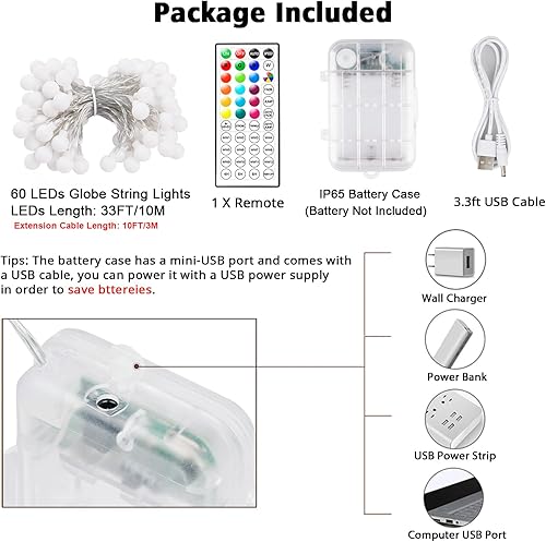 Miniatura 10 de OMIKA Guirnalda de luces navideñas de 33 pies, funciona con pilas, 100 luces LED alimentadas por USB con temporizador remoto