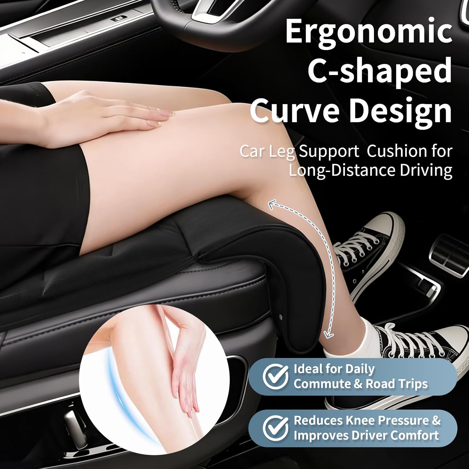 Car Seat Leg Rest Extender with Memory Foam Cushion and Soft Leather Cover - Universal Car & Home Seat Footrest Support for Extended Comfort During Long Trips, Travel, or Relaxation, Black