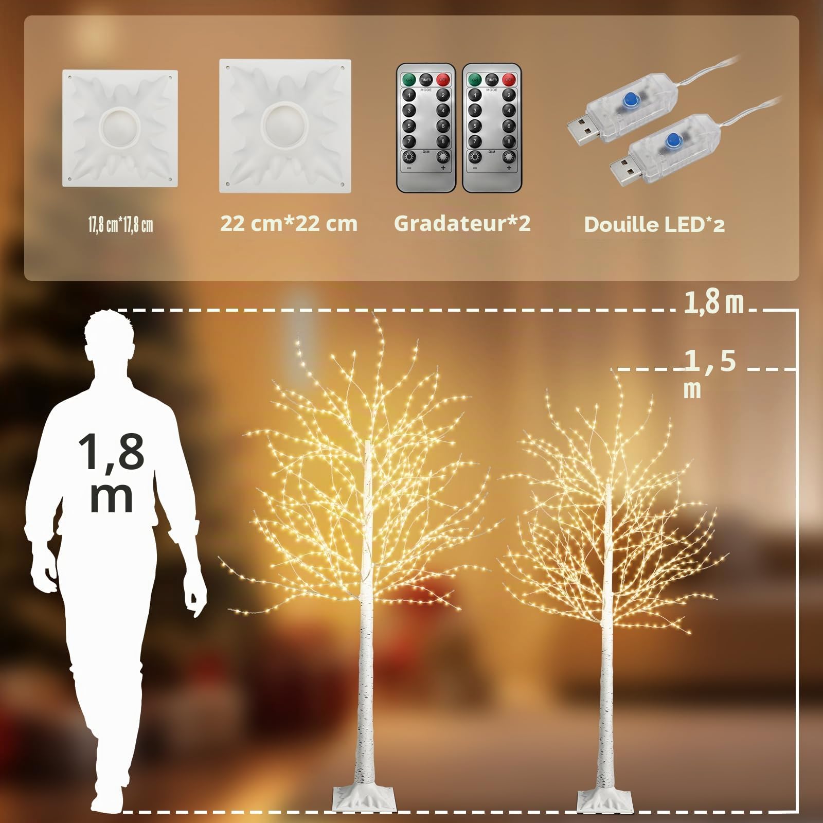 Arbre de décoration Artificiel avec lumière, 1,5 m + 1,8 m