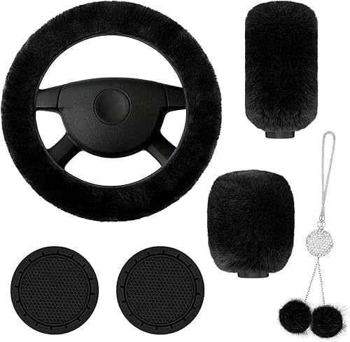 Juego de 6 accesorios para automóvil, funda antideslizante suave para volante de 14.9 pulgadas, 2 almohadillas para tazas, cadena decorativa para