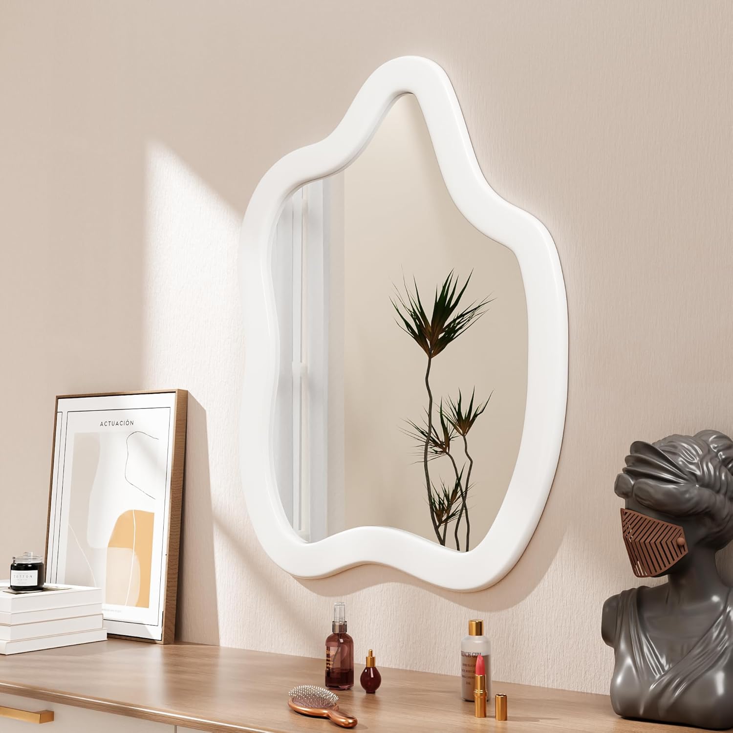 Irregular Wall Mirror 27.5"x 35.5" Asymmetrical Mirror White Wood Frame for Living Room Bedroom Entryway Bathroom Decoration