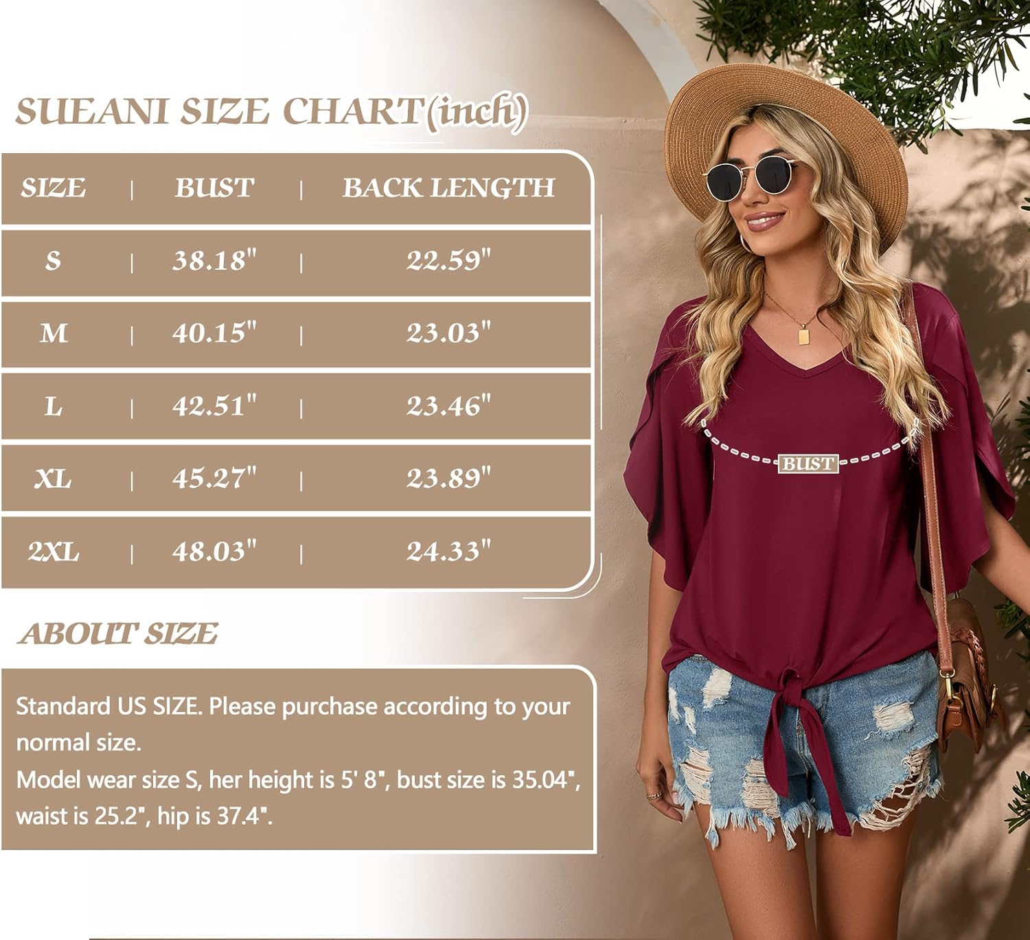 SUEANI Women's Tie Front Blouses V Neck 3/4 Split Sleeve Summer Knot Tops T Shirts - Image 6