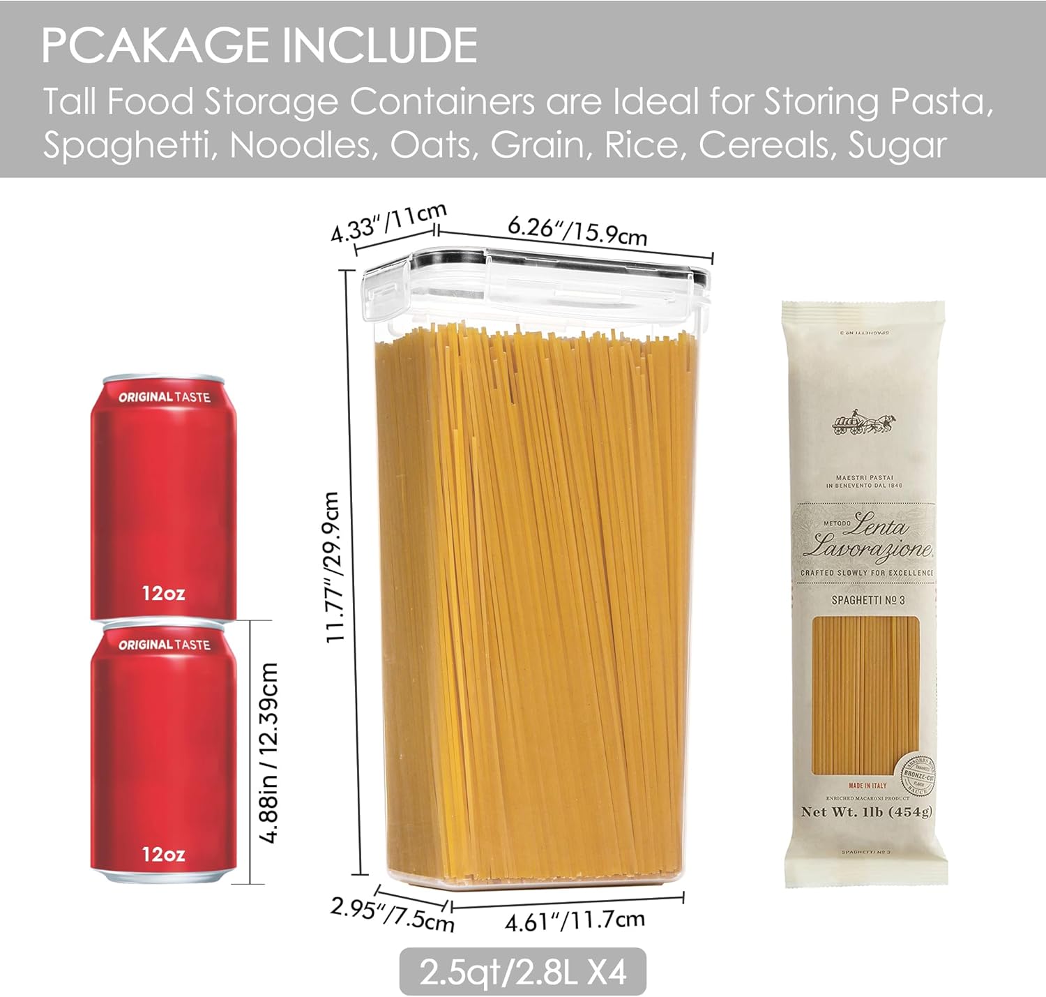 Vtopmart Airtight Food Storage Containers with Lids, 4 PCS 2.8L Pasta Containers for Pantry Organization and Storage, BPA Free Kitchen Canisters for Spaghetti, Flour, Sugar and Noodles, Black - Image 2