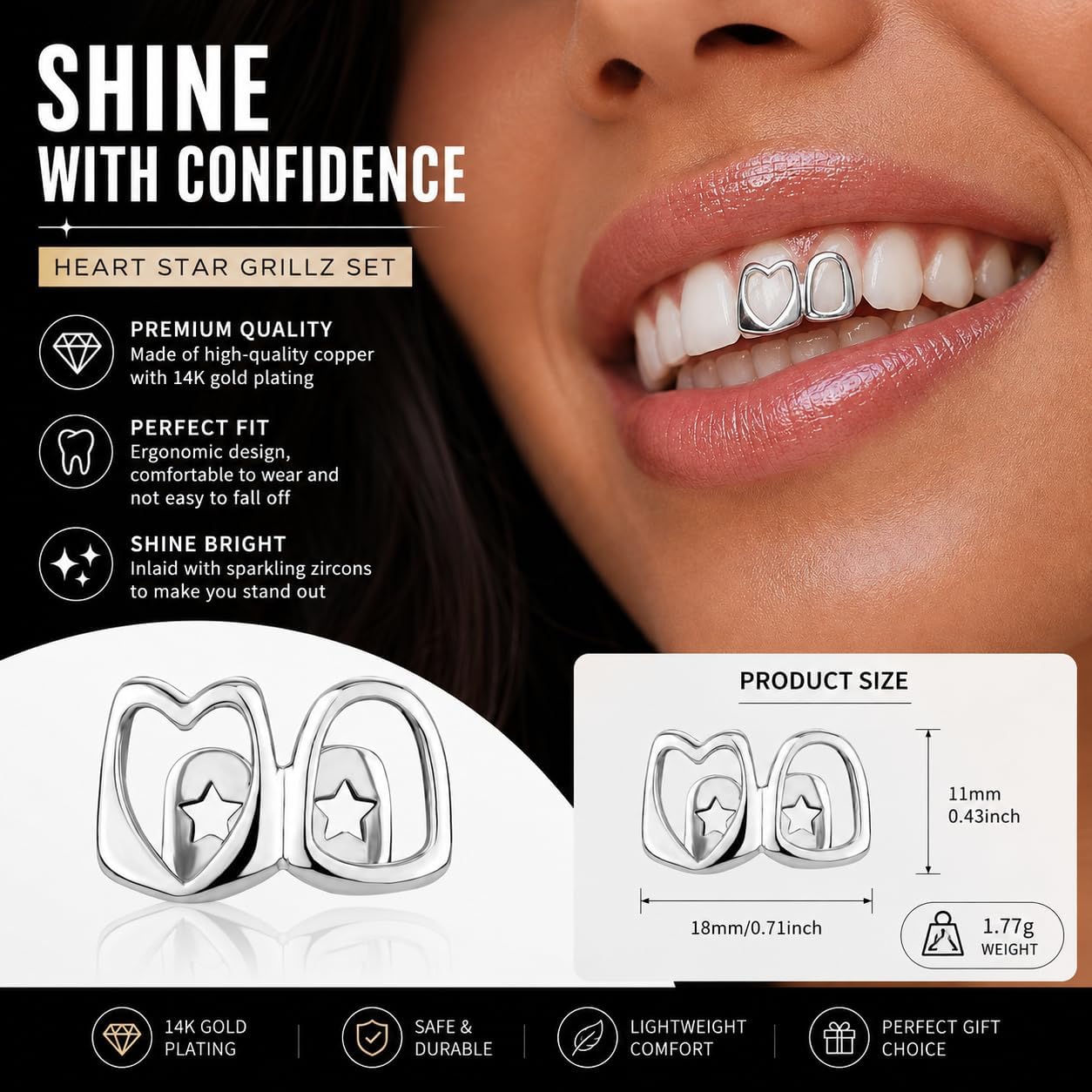 9 Pcs Open Face Grillz Set, Halloween Tooth Grillz for Men & Women (Silver)