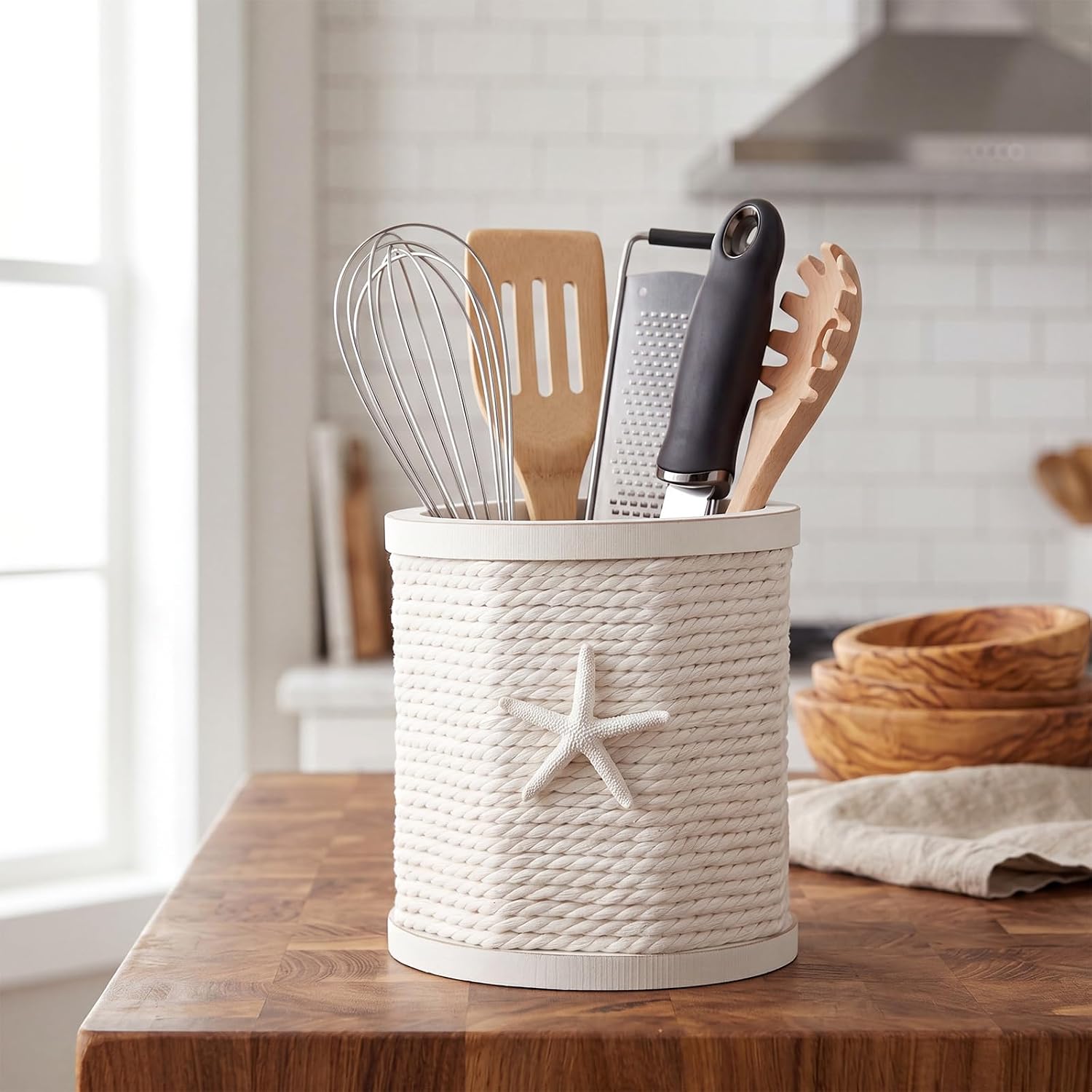 Lewtemi 2 Pack Coastal Starfish Utensil Holder for Kitchen Countertop, 2 Sizes Cotton Rope Wooden Cooking Utensil Crock Storage Organizer Nautical Beach Home Kitchen Decor Spatula Cutlery Cooking Tool