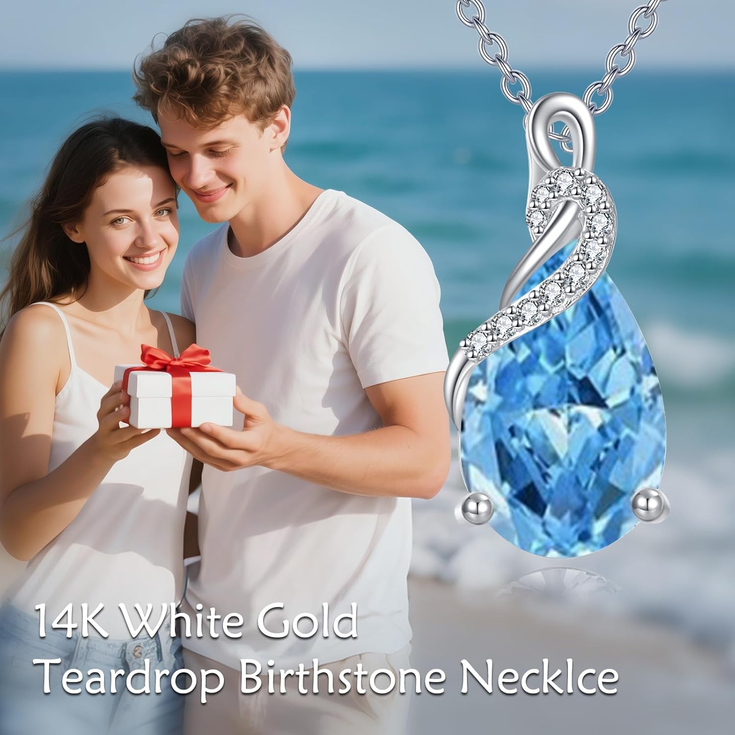 14K Real White Gold Teardrop Gemstone Necklace for Women Pear Cut Birthstone Pendant Necklaces Christmas Birthday Jewelry Gifts for Mom Wife Her, Sterling Silver Chain 18" + 2" - Image 2