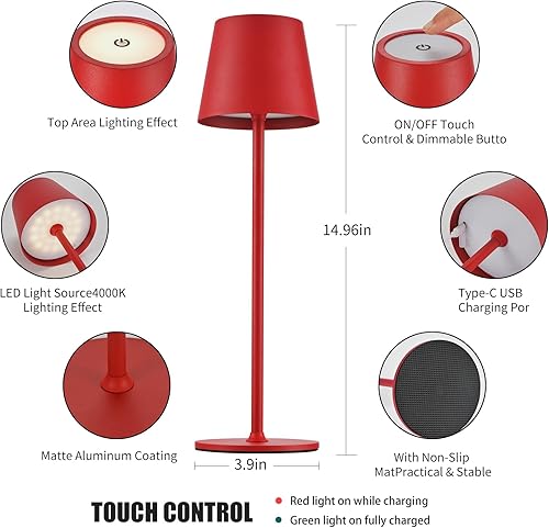 Miniatura 8 de BGFHome Paquete de 2 lámparas de mesa inalámbricas LED de escritorio, 5000 mAh, luz nocturna táctil recargable, diseño minimalista inalámbrico para