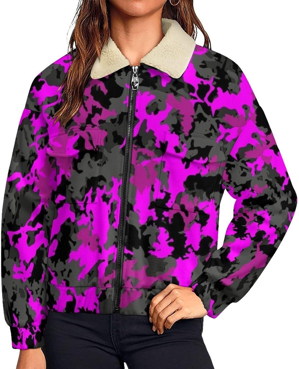 German Flecktarn Camo Jackets Womans Zip Sweatshirt Long Sleeve Warm Sports Top Causal Pockets Stand Collar Coat