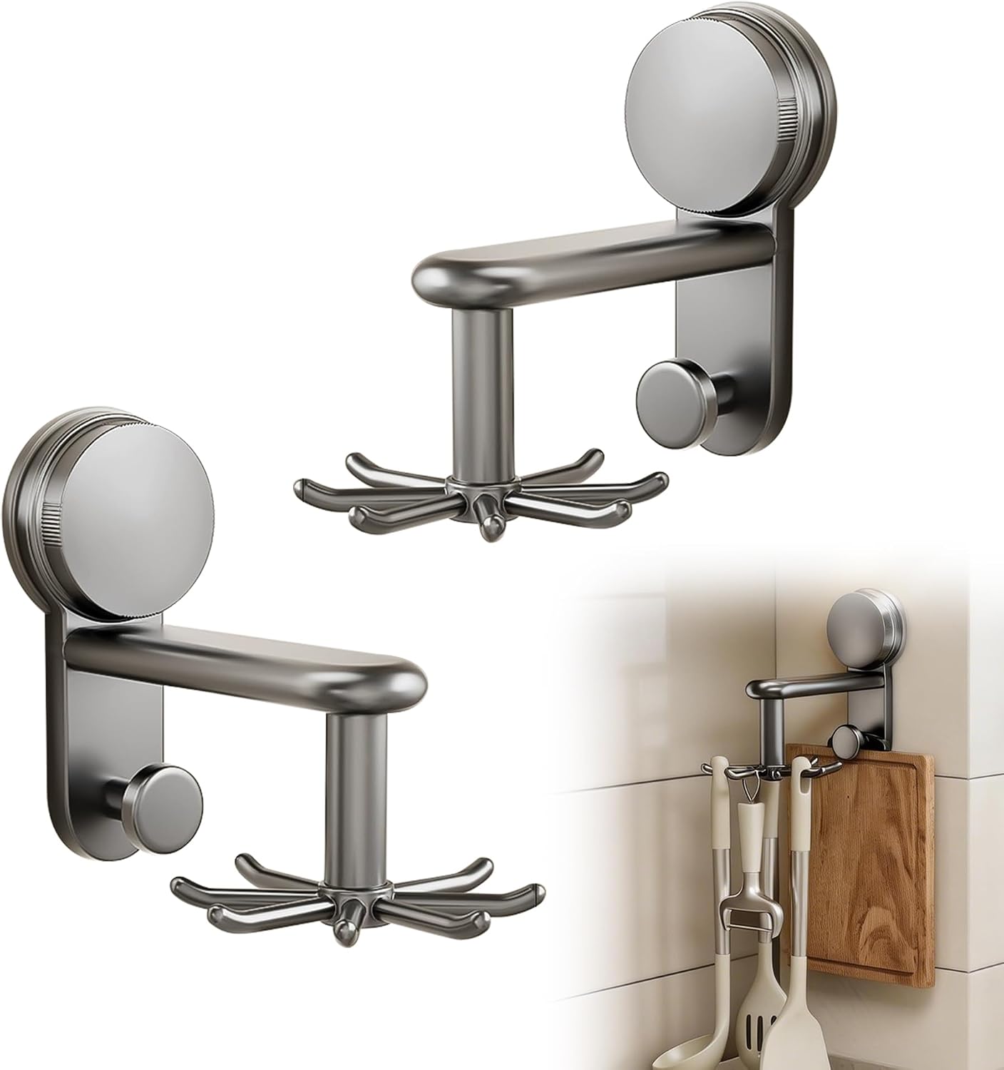 2PCS 8 Hooks Suction Cup 360°Rotating Wall Mounted Multi-Purpose Organizer Cooking Utensil Holder No Drilling Space Saving Storage Rack for Kitchen Bathroom Entryway Dresser. (Grey)