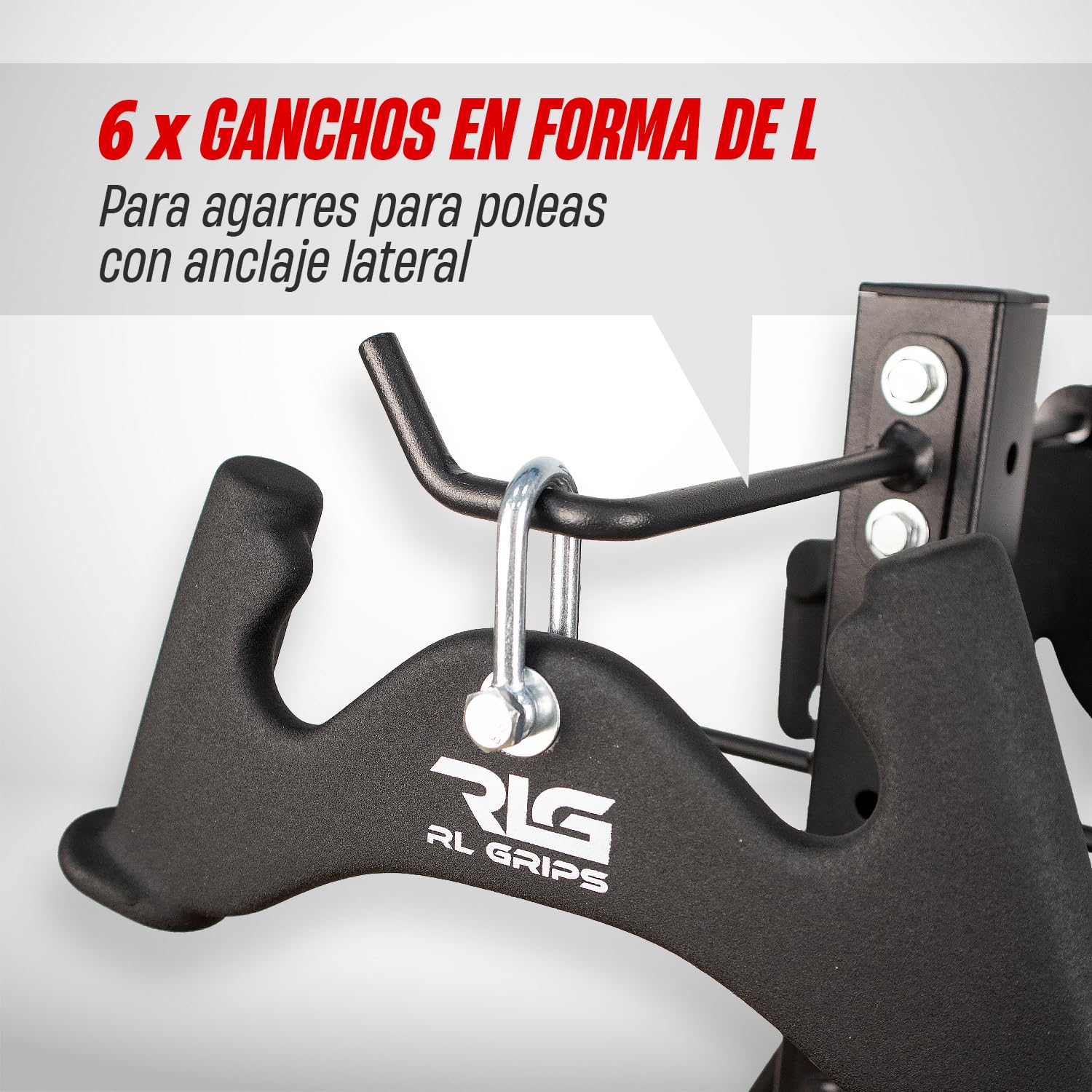 RL Grips - Rack de Almacenamiento para Agarres de Poleas de Gimnasio – Soporte para Agarres Gym Modular y Vertical – Soporte de Suelo con 12 Ganchos Ajustables Compatibles con Todo Tipo de Manerales