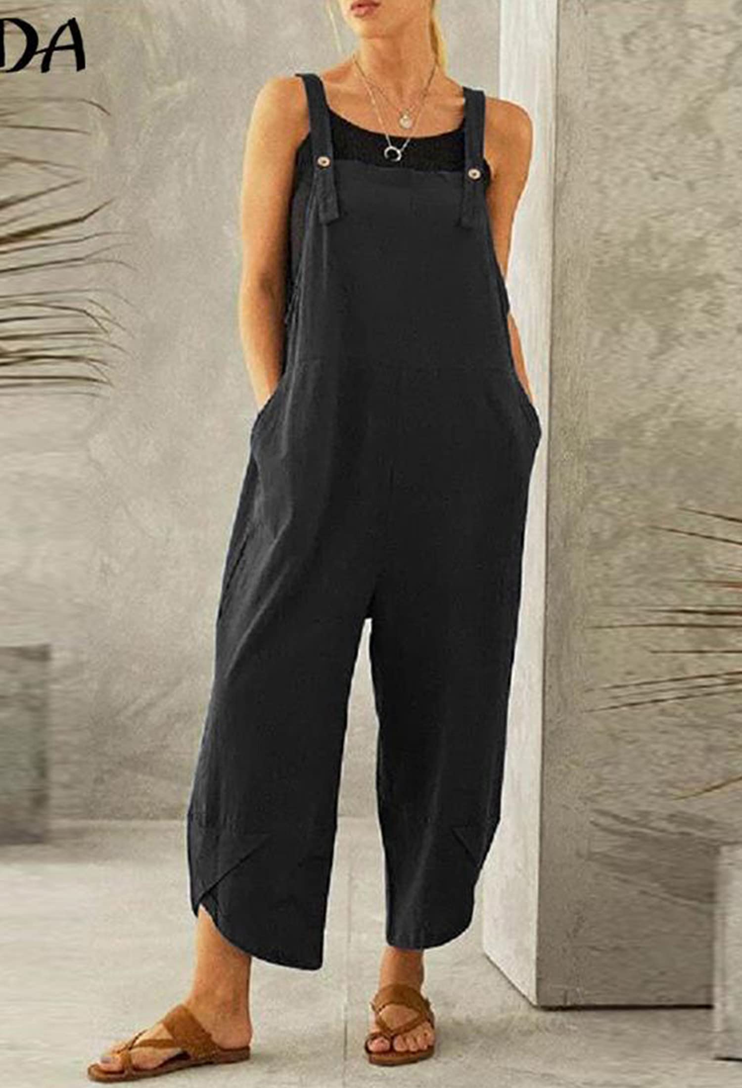 BRONG Salopette da donna casual allentate in morbido cotone e lino tuta da donna con spalline regolabili con tasche