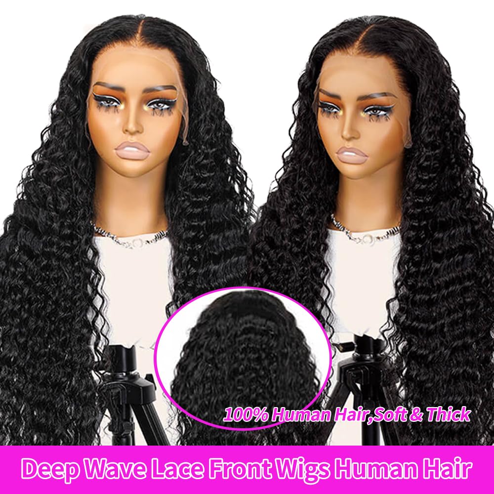 200% Density 22 Inch Deep Wave Lace Front Wigs Human Hair 13x6 HD Lace Front Wigs Human Hair Curly Human Hair Wig Pre Plucked for Women Nature Color Curly Wig