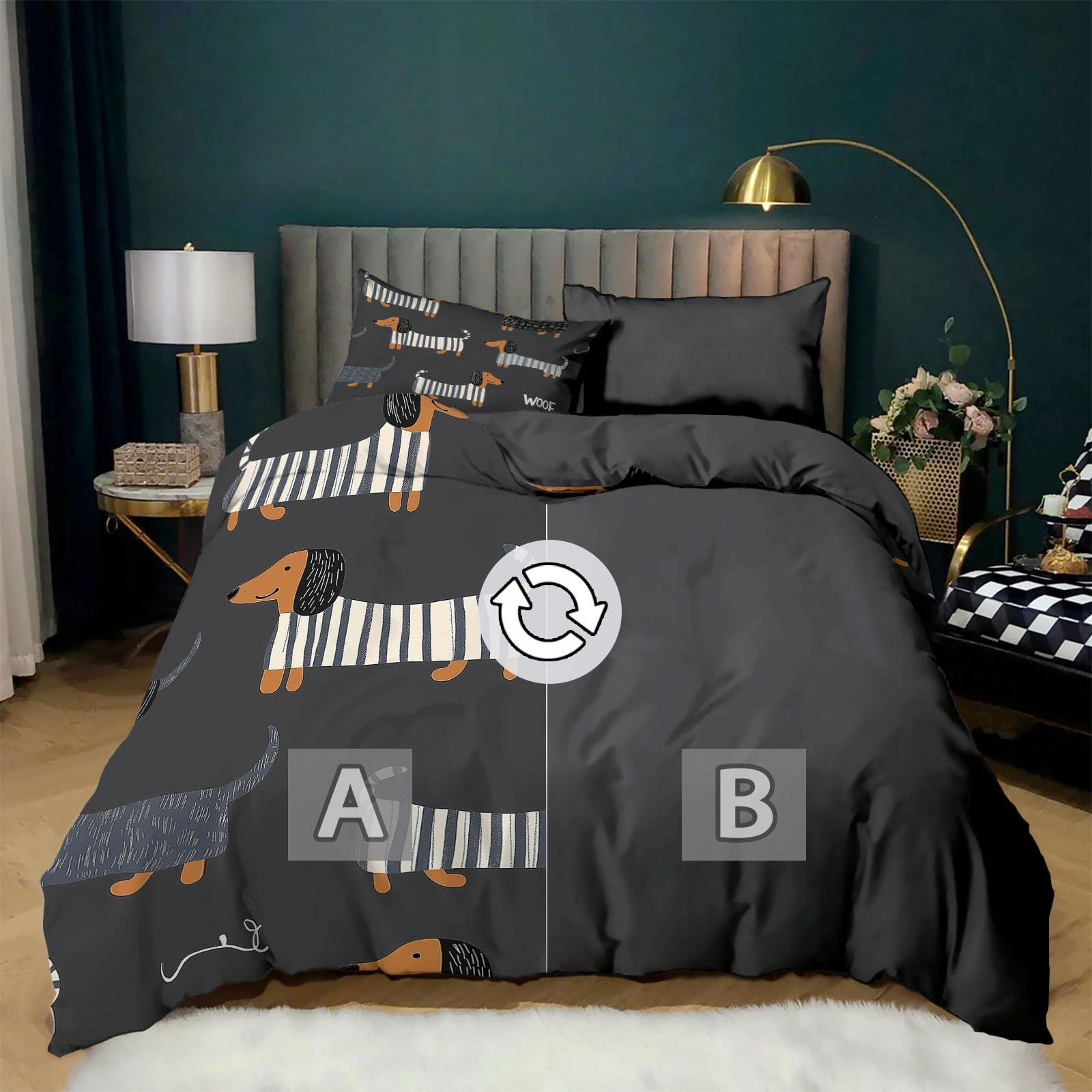Juegos de Fundas nórdicas Polialgodón Premium Perro Salchicha Funda nórdica Estampada Ultrasuave Reversible Gris carbón 220 x 240 cm Fundas nórdicas Juego de Cama sin Planchado