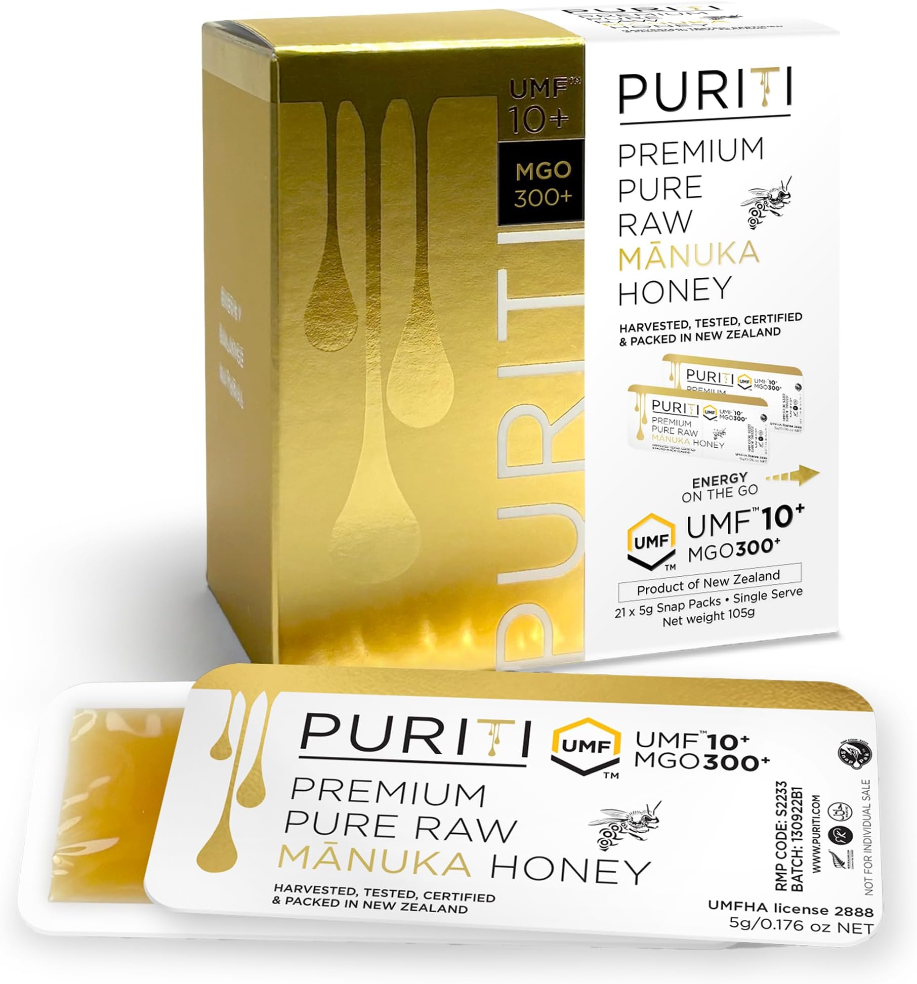 Manuka Honey Snap Packs UMF 10+ (MGO 300+) | 21 x 5 g Single Serve | 100% Pure New Zealand Honey | Natural Immunity & Wellness Booster | Travel & On-the-Go Energy