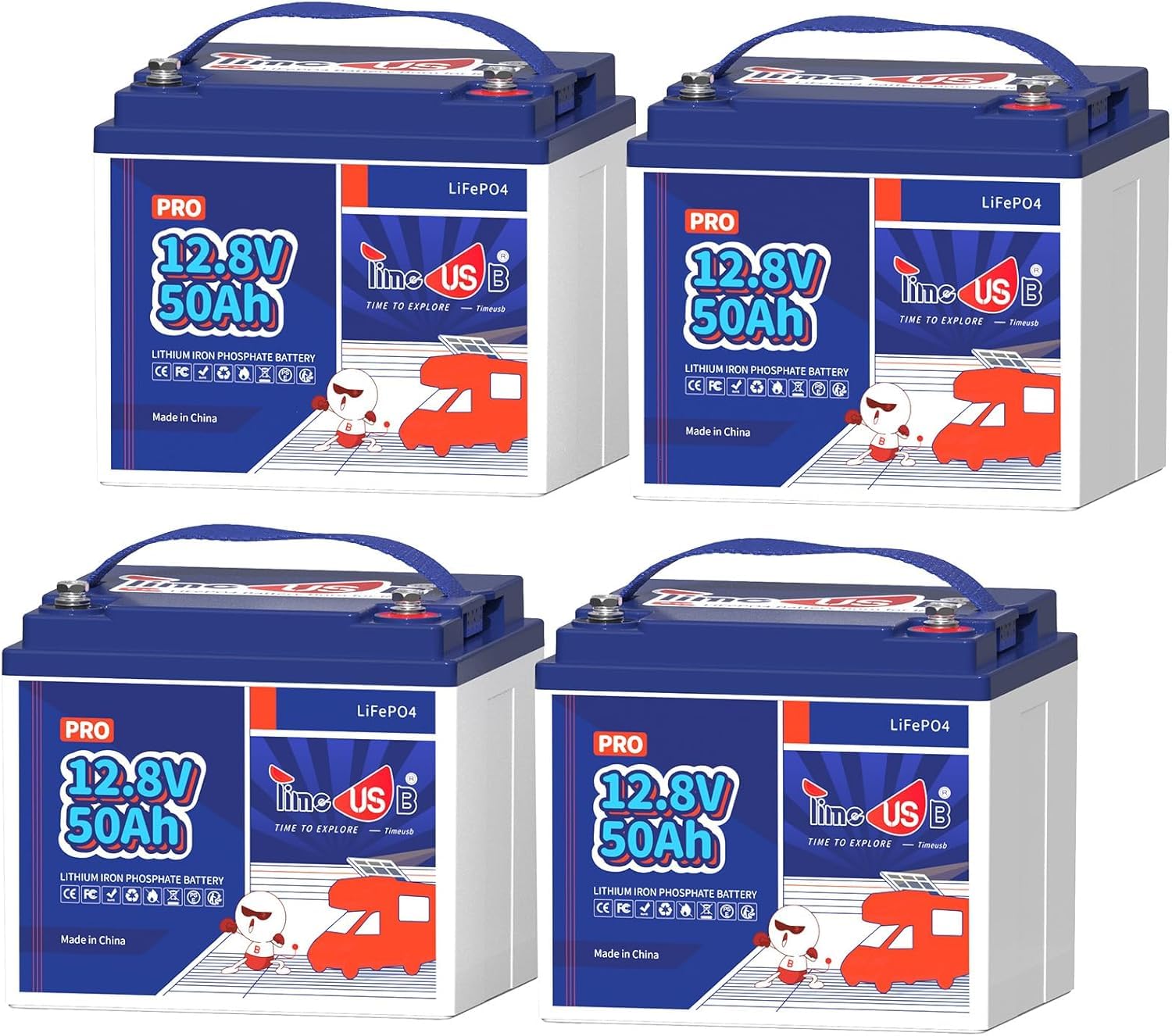 Timeusb Batteria Litio 12V 50Ah LiFePO4,640Wh per Camper e Solare(4 Pezzi) | 50A BMS con 15.000 Cicli Profondi,Batteria Ricaricabile Perfetta per RV,Off-Grid,Pannelli Solari,Barca,Trolling Motor