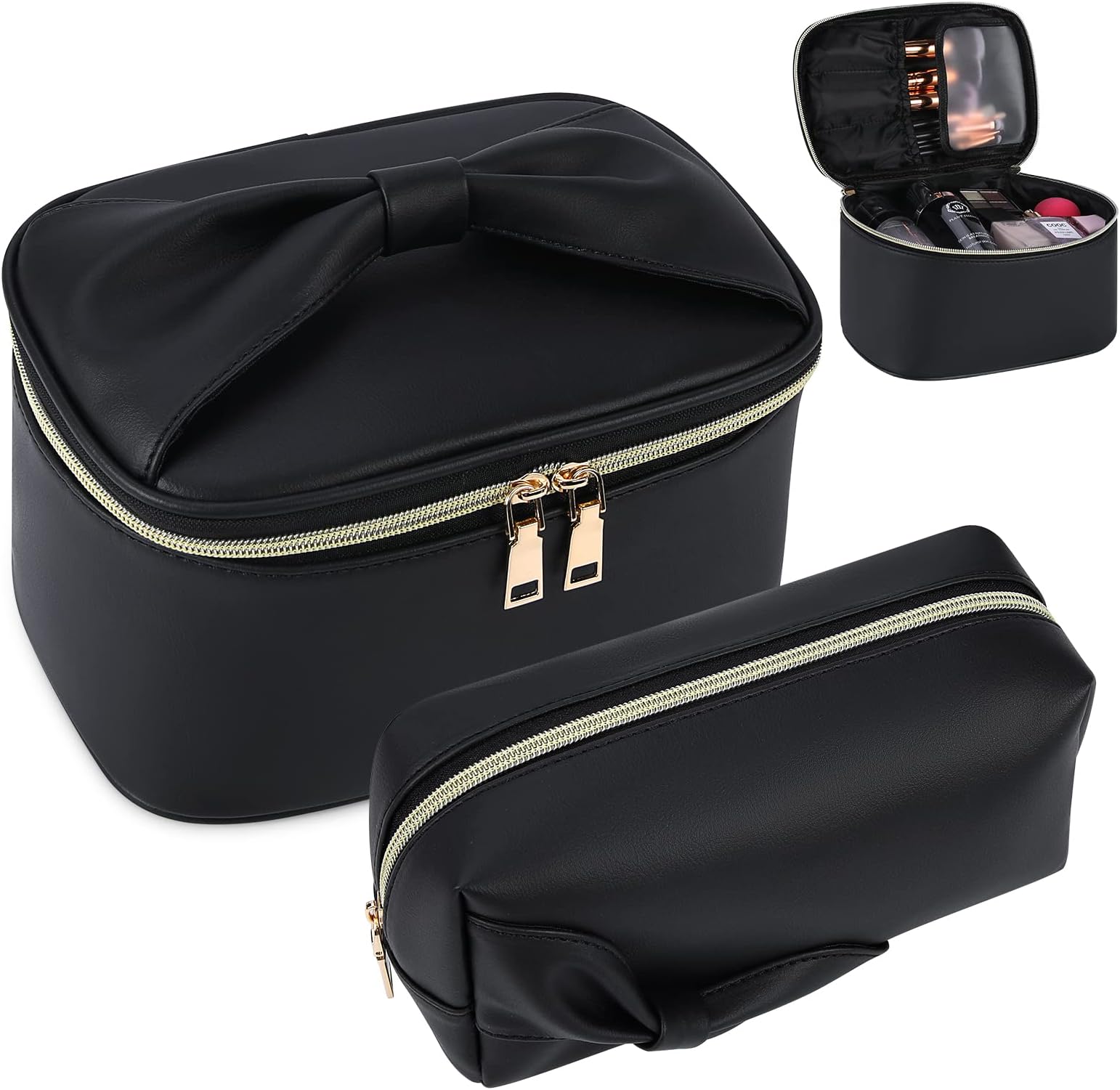 Makeup Bag 2 Pcs Cosmetic Bag Waterproof Large Make Up Bag for Travel Bow-Knot Storage Bag Portable Cosmetic Pouch Makeup Brush Organizer Toiletry Case for Women and Girls Black