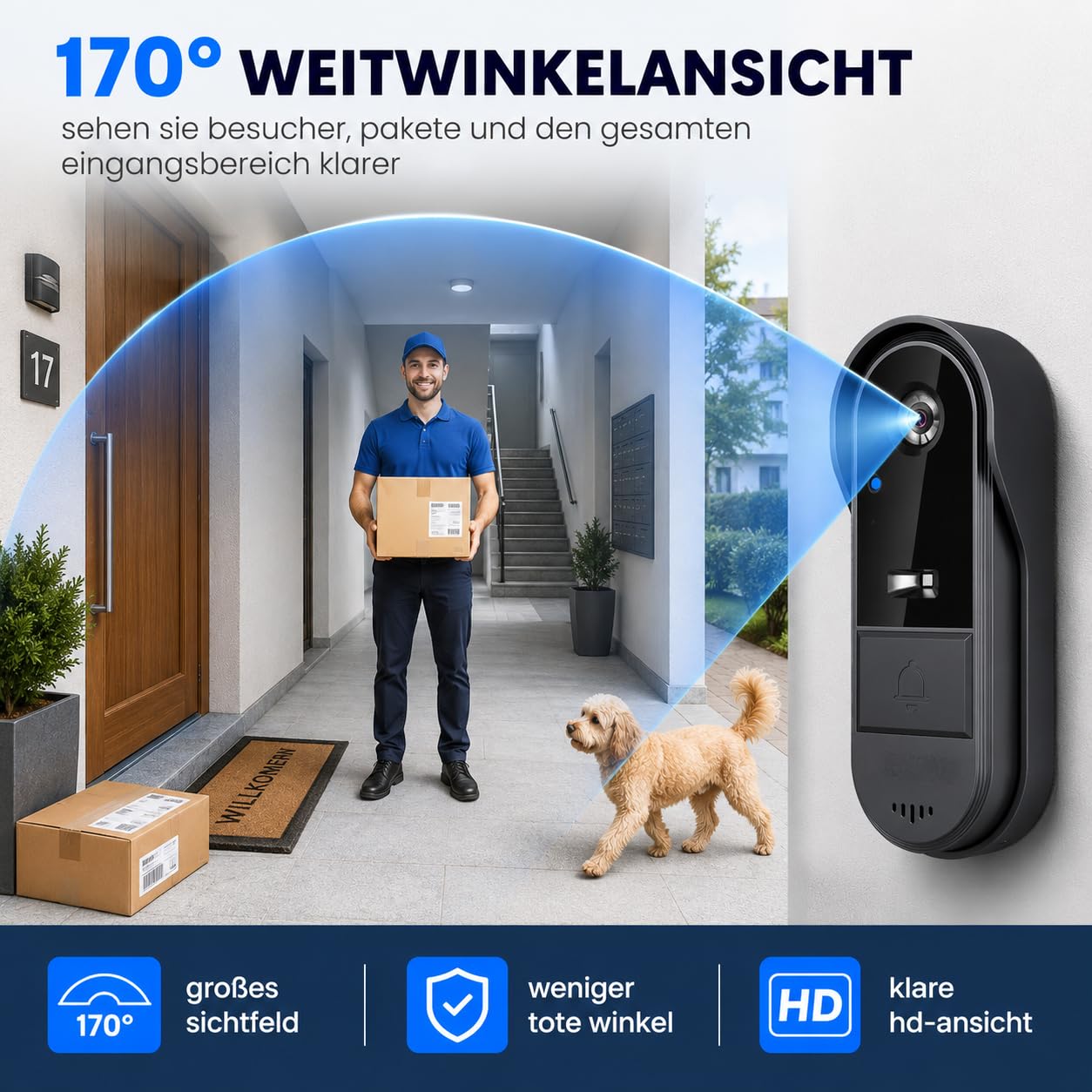 Zeerkeer Funkklingel mit Kamera Türklingel mit Kamera 2.4g Video Türklingel Kabellos mit Video-Zwei-Wege-Sprechanlage, 170 ° Großer Weitwinkel, Erfassung, Echtzeit-Ansicht, Regenfest
