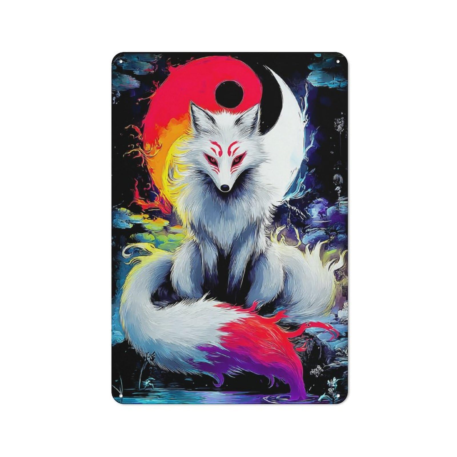Retro Metal Sign 30x20cm Featuring Yin-Yang Fox with Fiery Tail for Bar Or Restaurant, for Bar Decor Enthusiasts