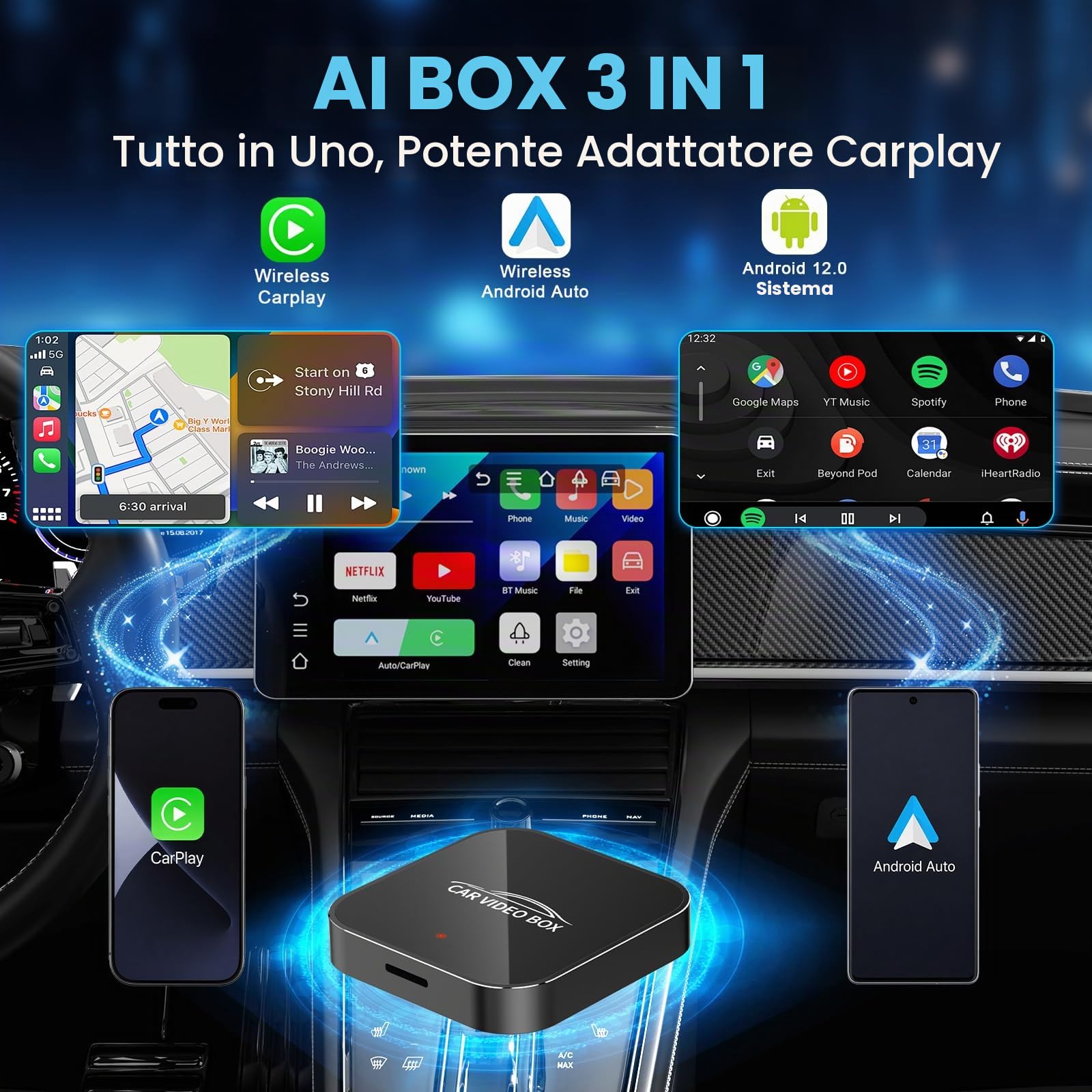 3-in-1 Magic Video Box – Wireless CarPlay & Android Auto Adapter con Netflix, YouTube, TikTok, supporto scheda TF, aggiornamento wireless, CarPlay AI Box a bassa latenza per veicoli dal 2016
