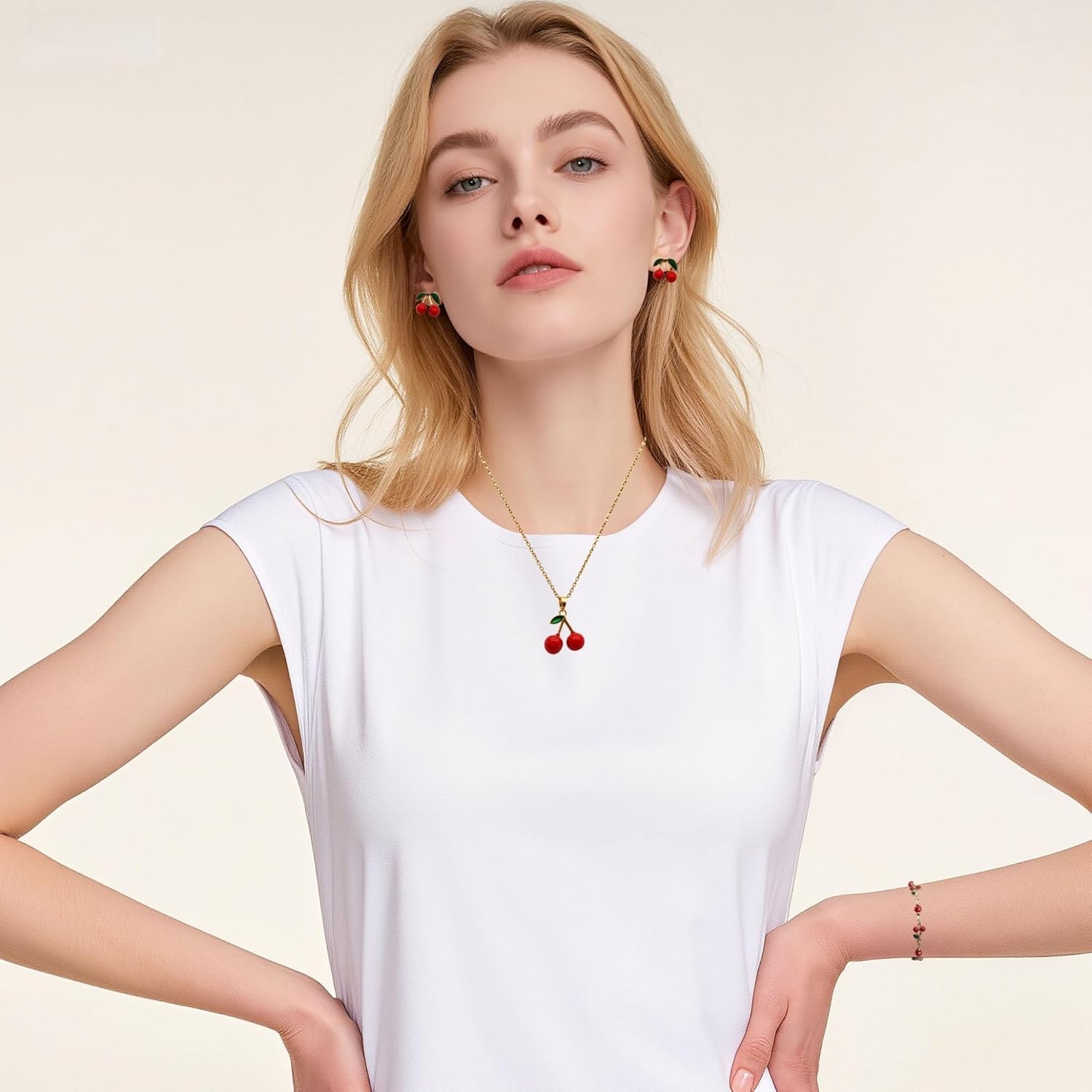 Strawberry Earrings Necklace Bracelet Ring for Women Cute Strawberry Cherry Jewelry Set Birthday Gifts Strawberries Stuffs Fruit Accessories - Image 5