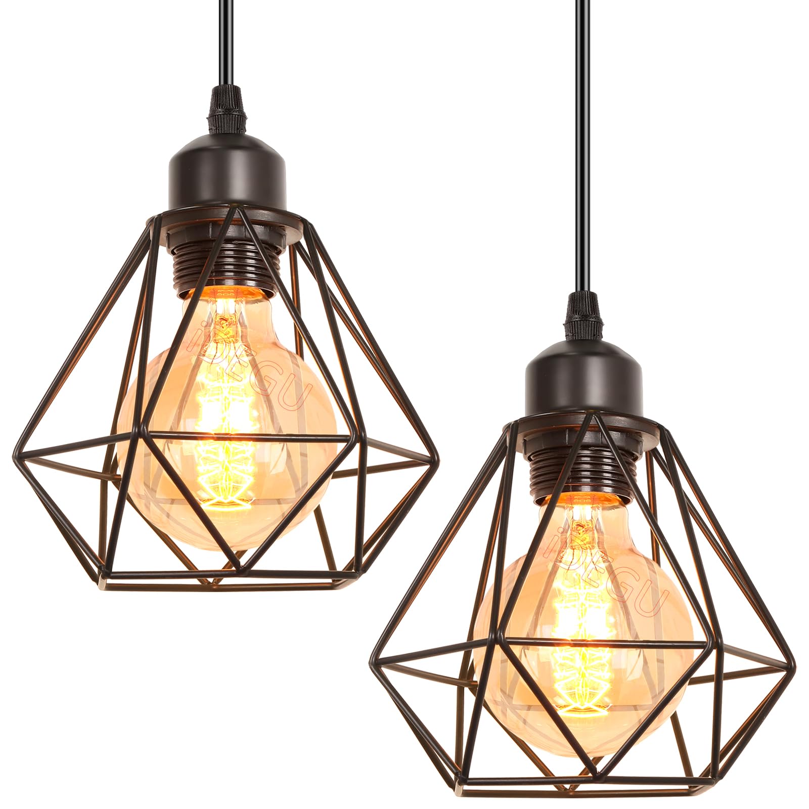 iDEGU Set of 2 Vintage Ceiling Pendant Light Fitting, 16cm Geometric Cage E27 Industrial Hanging Light Fixture Metal Chandelier Lamp Shade for Bedroom Living Room Dining Room (Black, 1-Light) — image 1