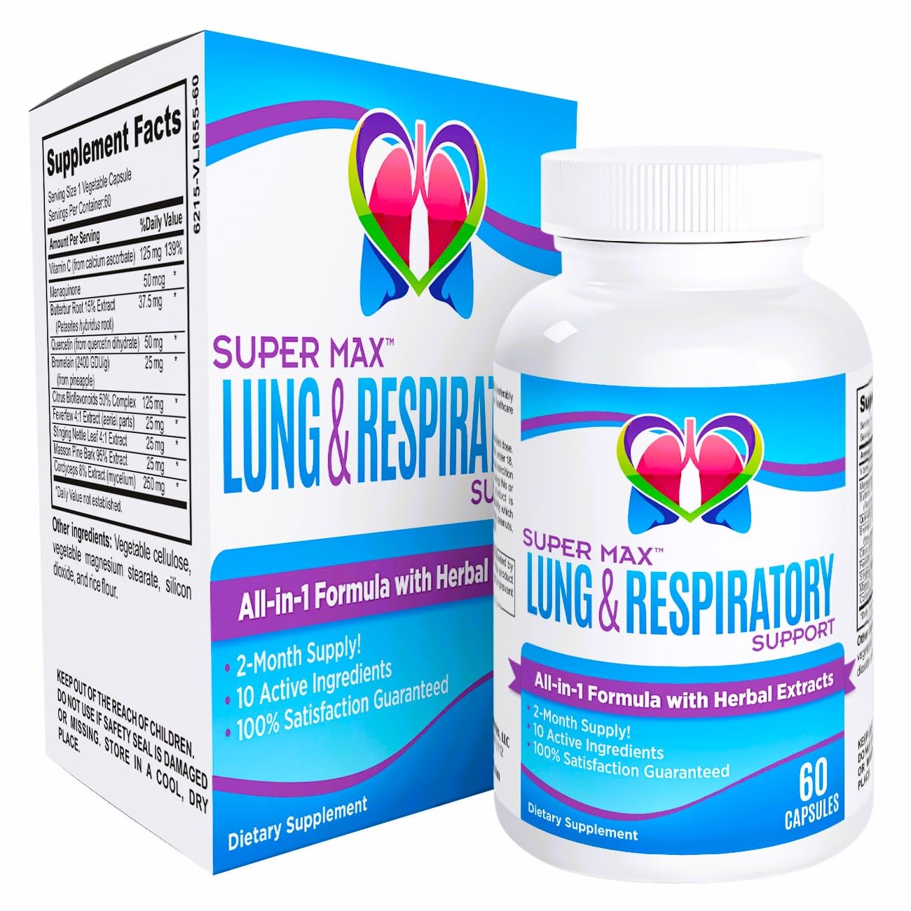 2-Month Lung & Respiratory Support Supplement (All-in-1 Formula) with 10 Active Ingredients - Lung Respiratory Health Supplements - Easy to Swallow - 60 Capsules