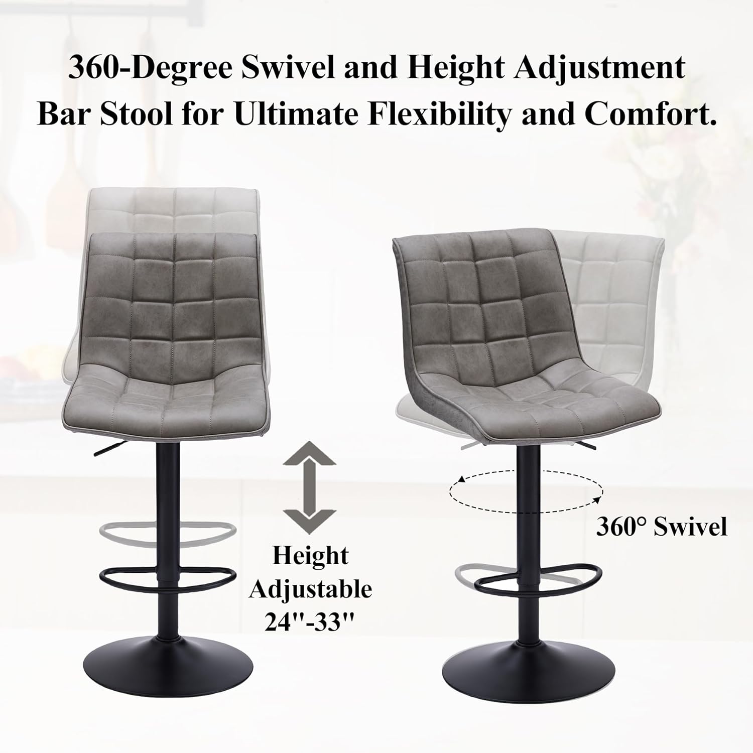 FIRAVOE Swivel Bar Stools Set of 2, Modern Adjustable Bar Stools for Kitchen Island, Gray Kitchen Barstools with Backs, Faux Leather Bar Chairs Counter Height 24"-33" (Gray, 2PCS)