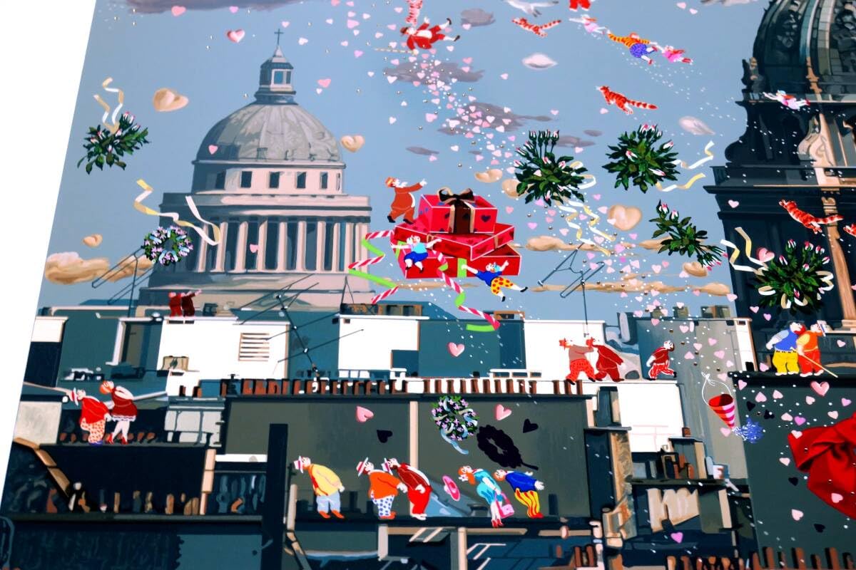 版画　シルクスクリーン　村のオーケストラ　<アジア・カッツ> 額装 現代アート 1996年 シルクスクリーン 対比地一正 BOXSPEAKER